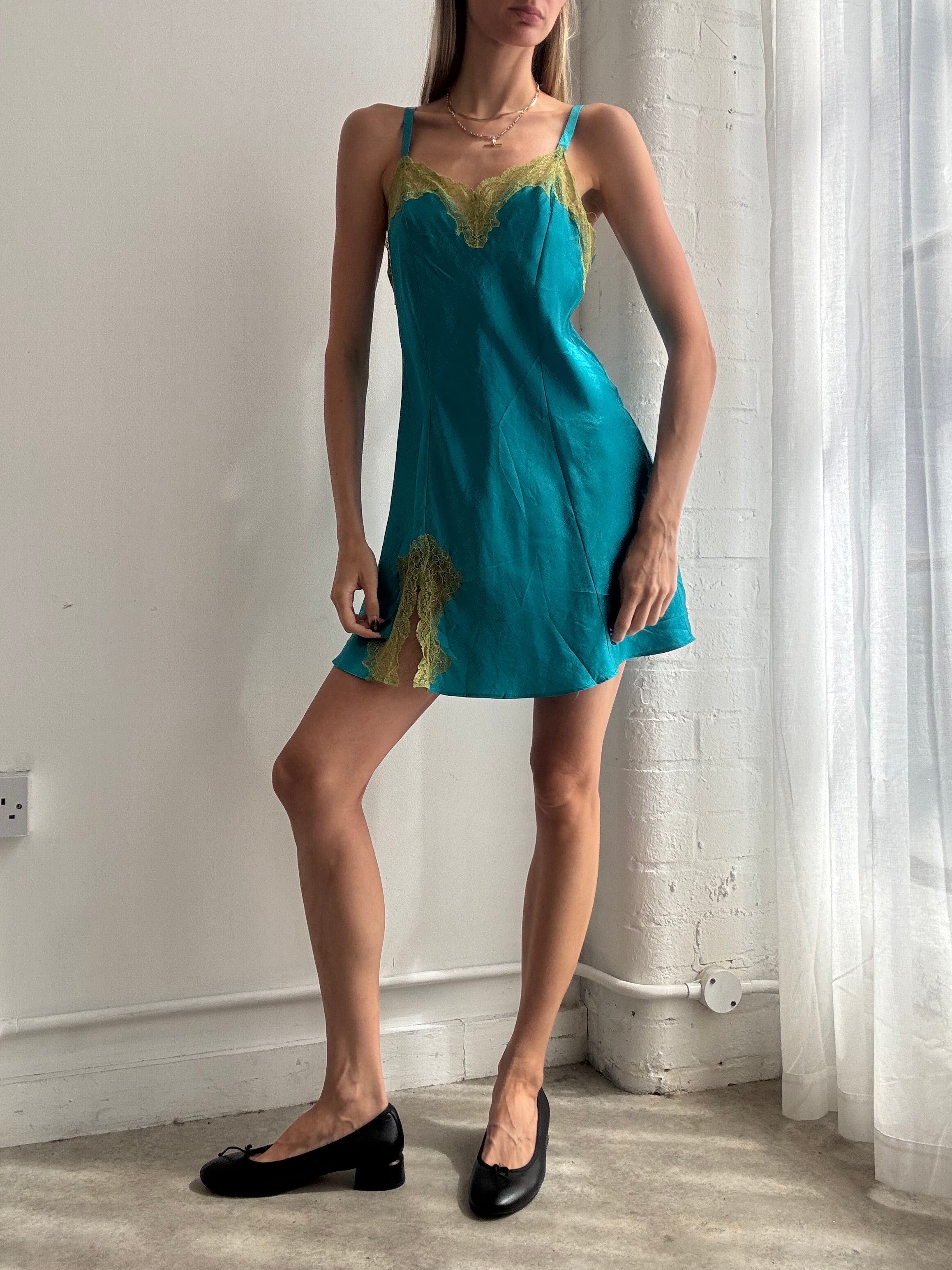 Vintage Y2K turquoise satin lace trim slip dress - Size S