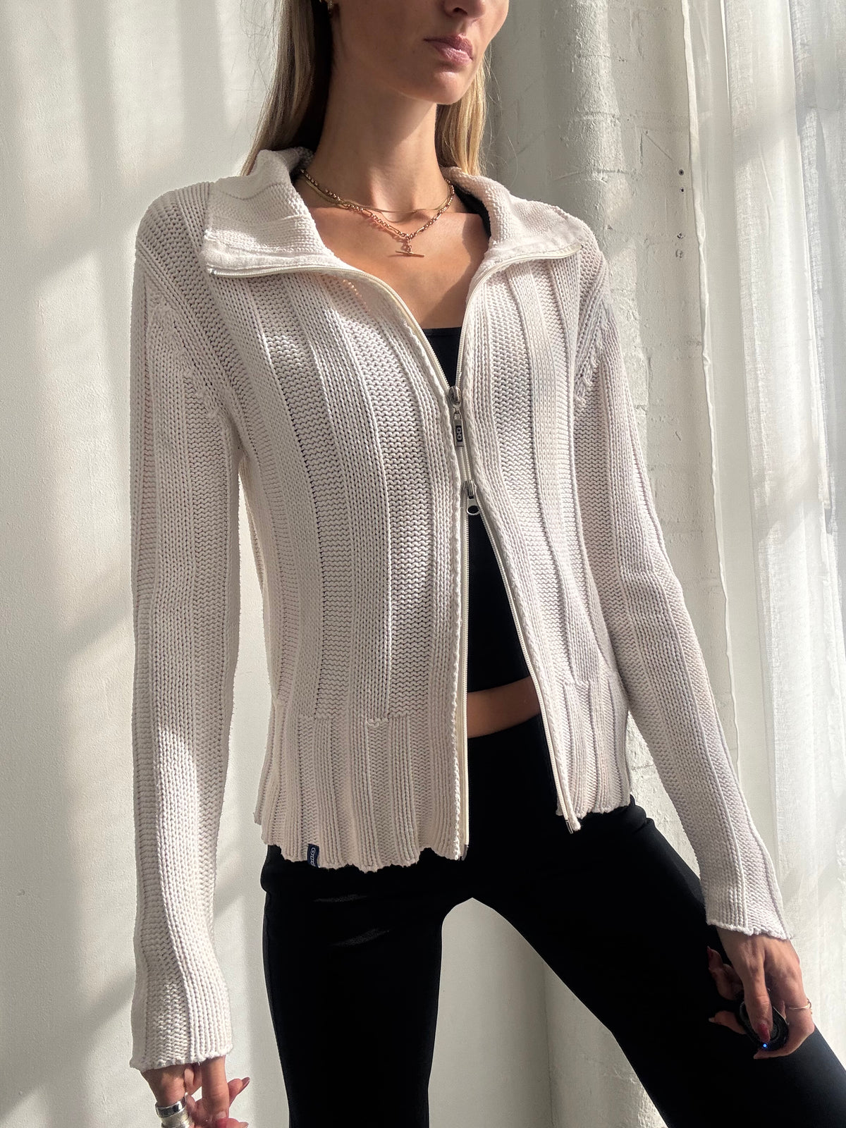 Vintage Y2K White Knit Dual Zip Up Cardigan - Size M