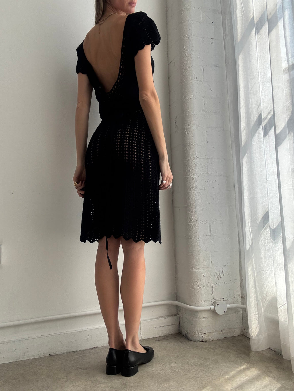 Vintage black crochet knit midi dress - Size S/M