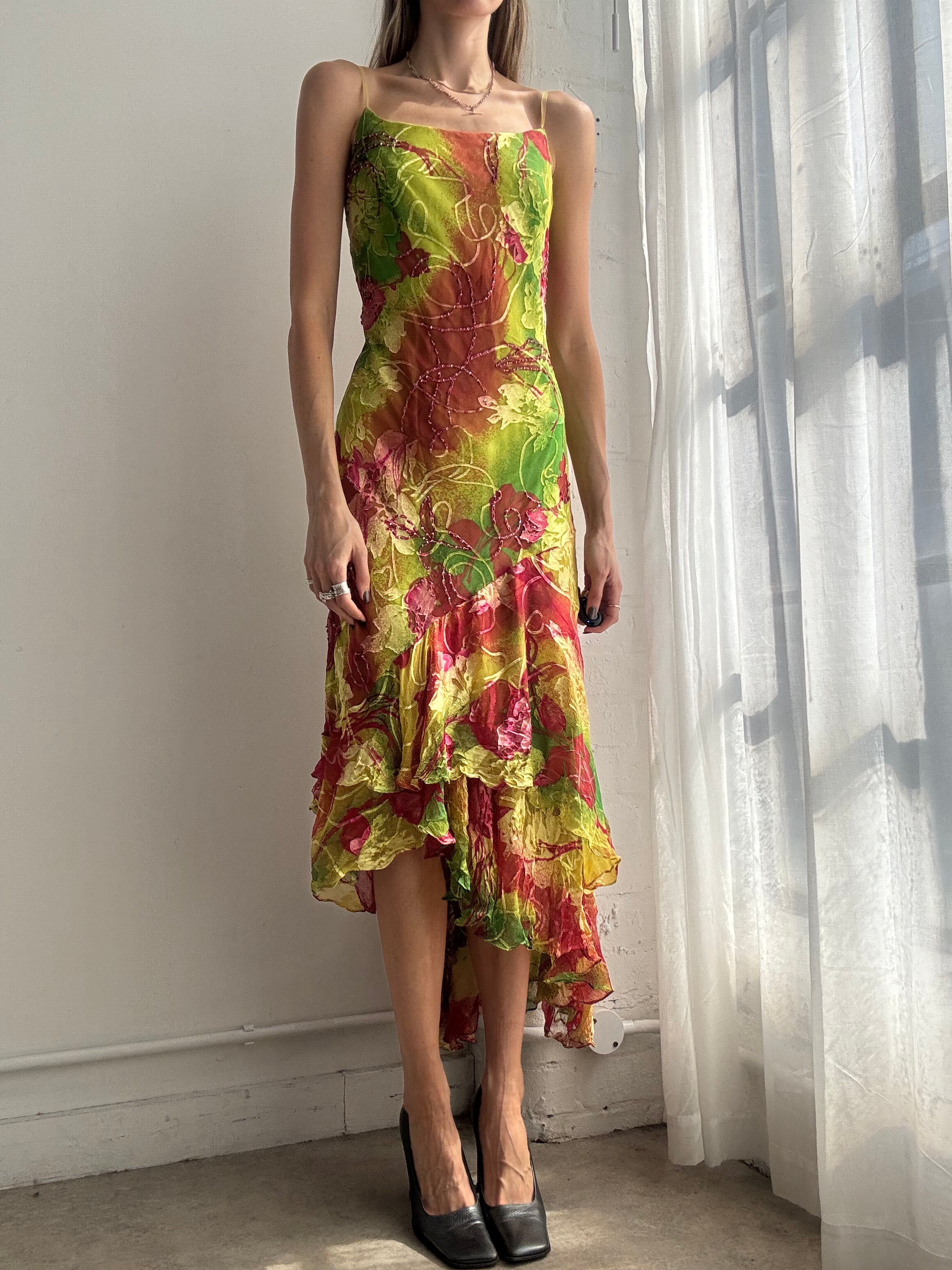 Vintage Y2K tropical floral asymmetrical midi dress - Size S/M