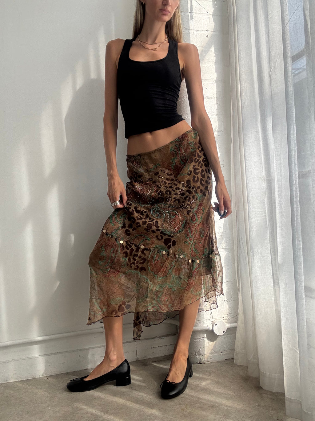 Vintage Y2K Brown Abstract Paisley Animal Print Mesh Asymmetric Midi Skirt - Size M/L