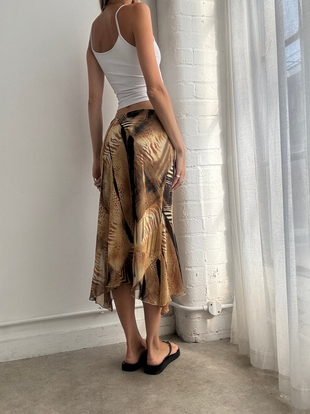 Vintage Y2K Gold Abstract Animal Print Bias Cut Mesh Midi Skirt - Size S/M