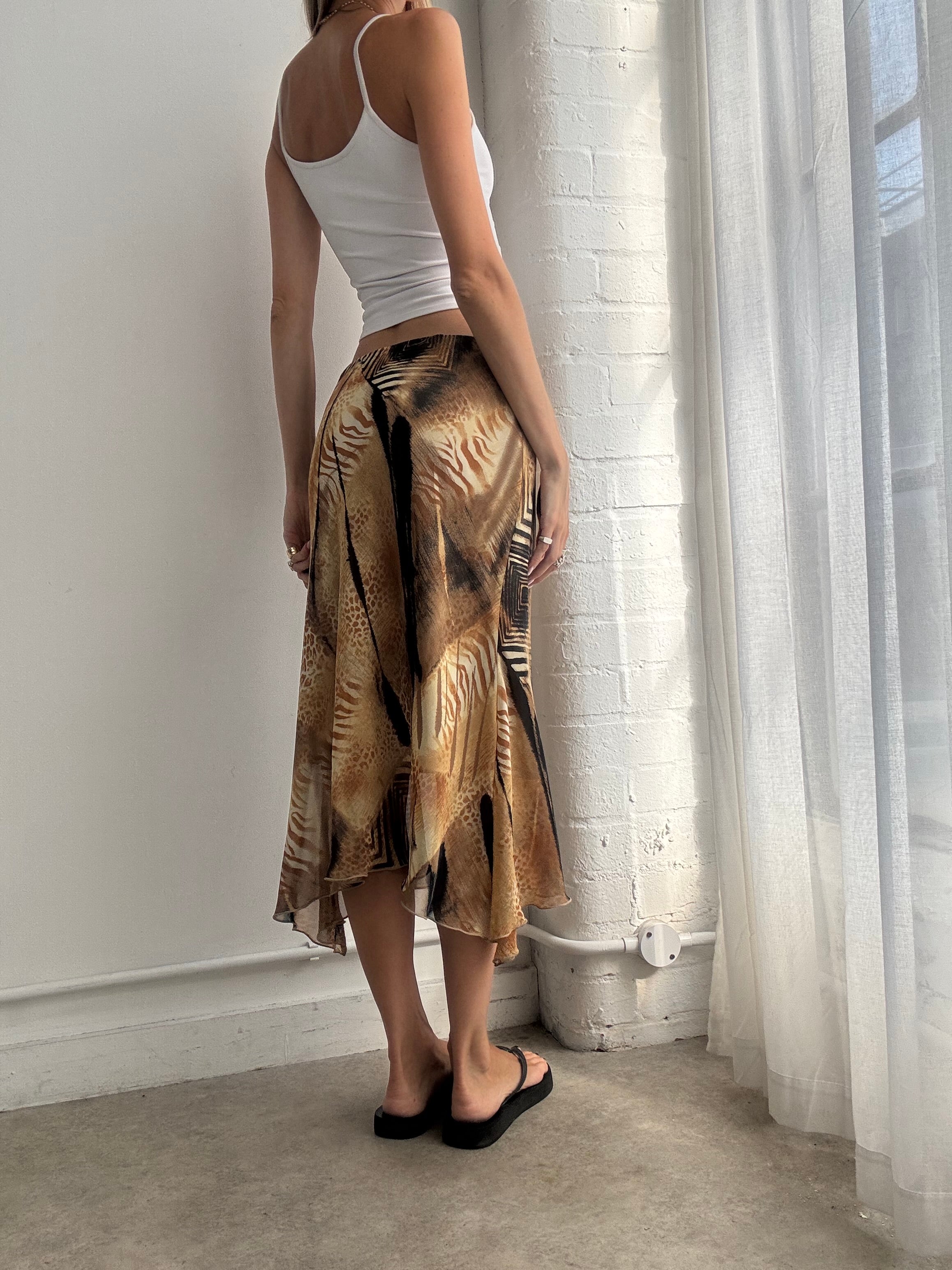 Vintage Y2K Gold Abstract Animal Print Bias Cut Mesh Midi Skirt - Size S/M