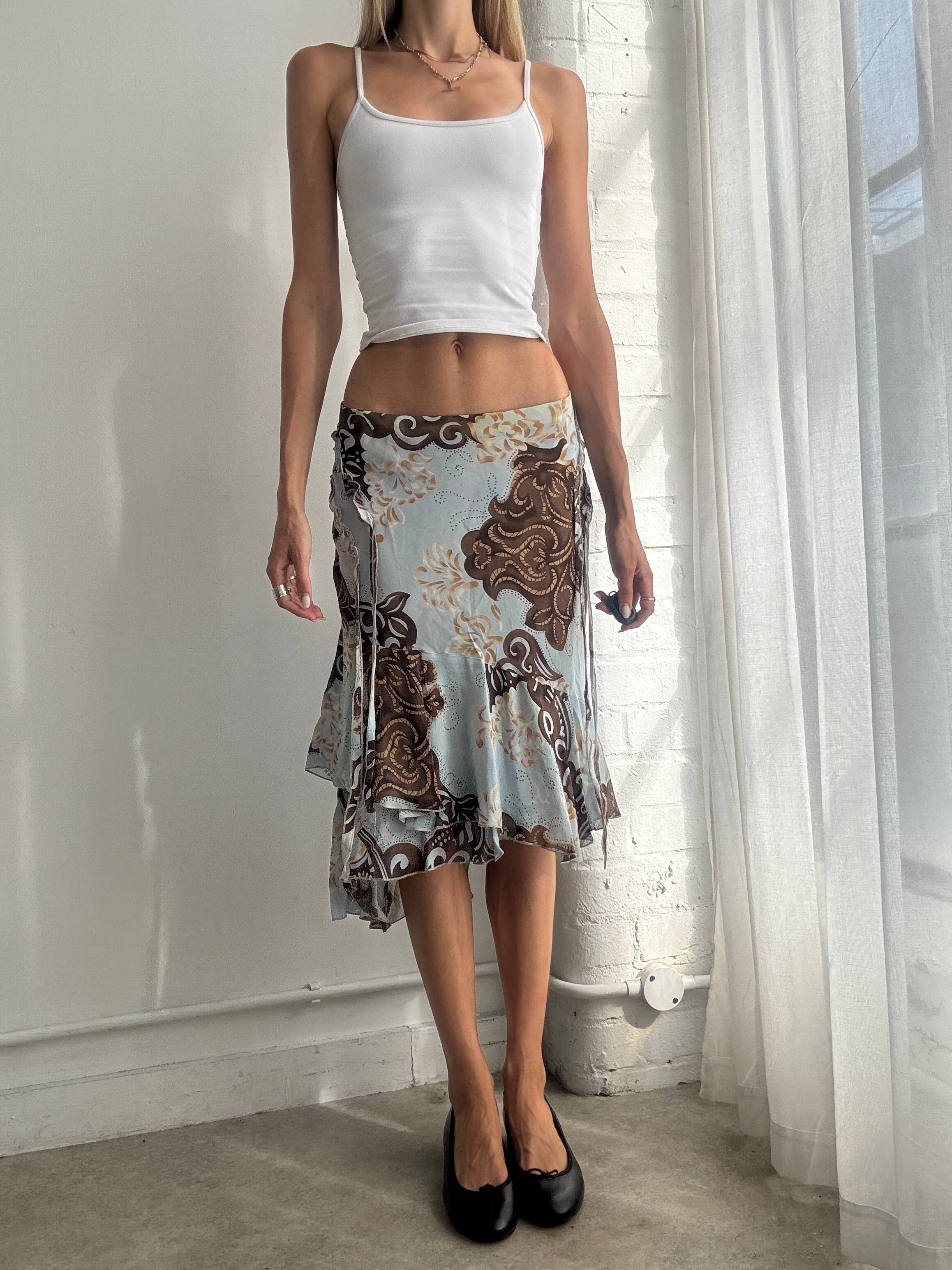 Vintage Y2K Asymmetric Paisley Ruffle Midi Skirt - Size S