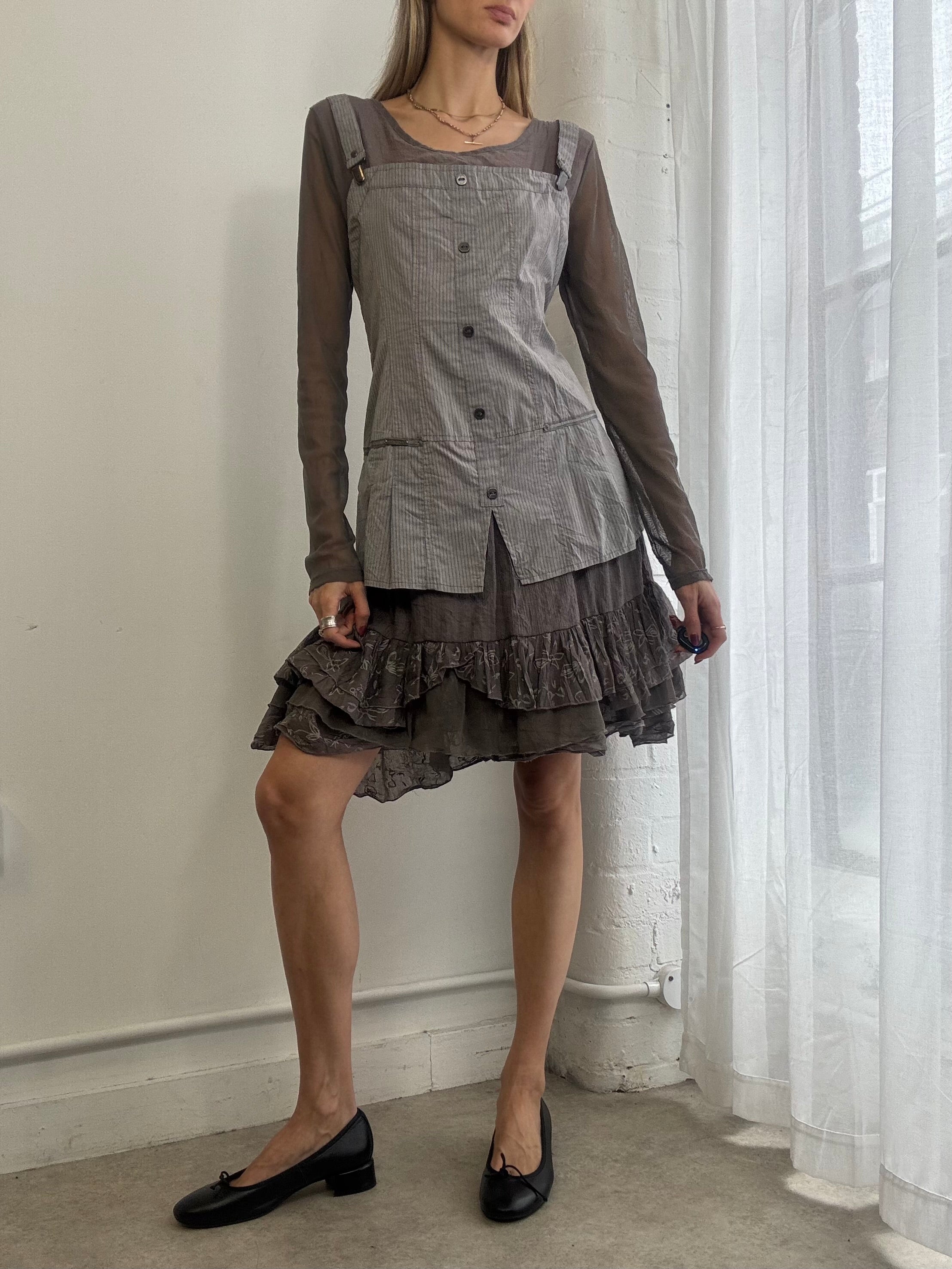 Vintage Y2k Long Sleeve Mesh Ruffle Dress Grey
