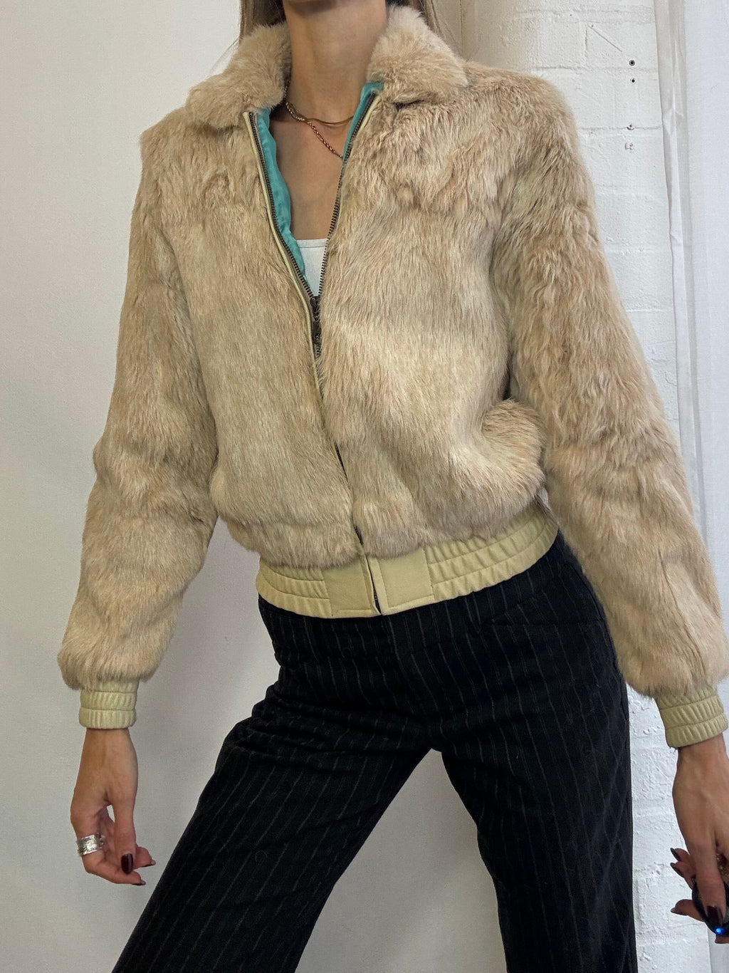 Vintage cream genuine fur bomber jacket