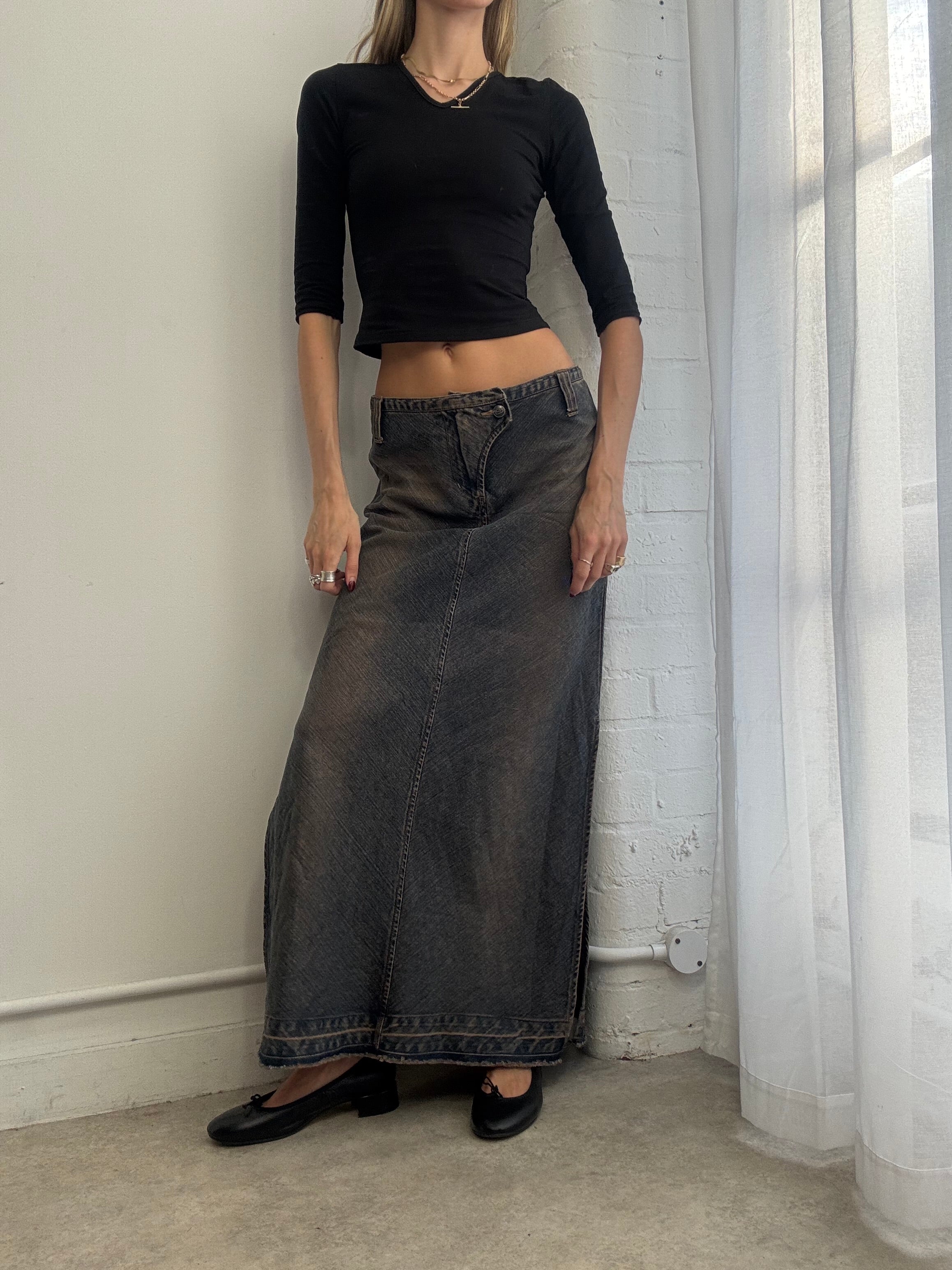 Vintage Y2K low rise denim maxi skirt