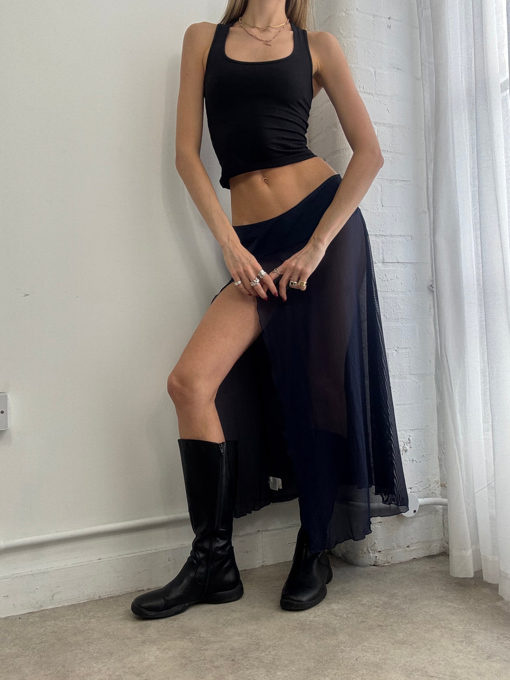 Vintage Y2K sheer navy mesh maxi skirt