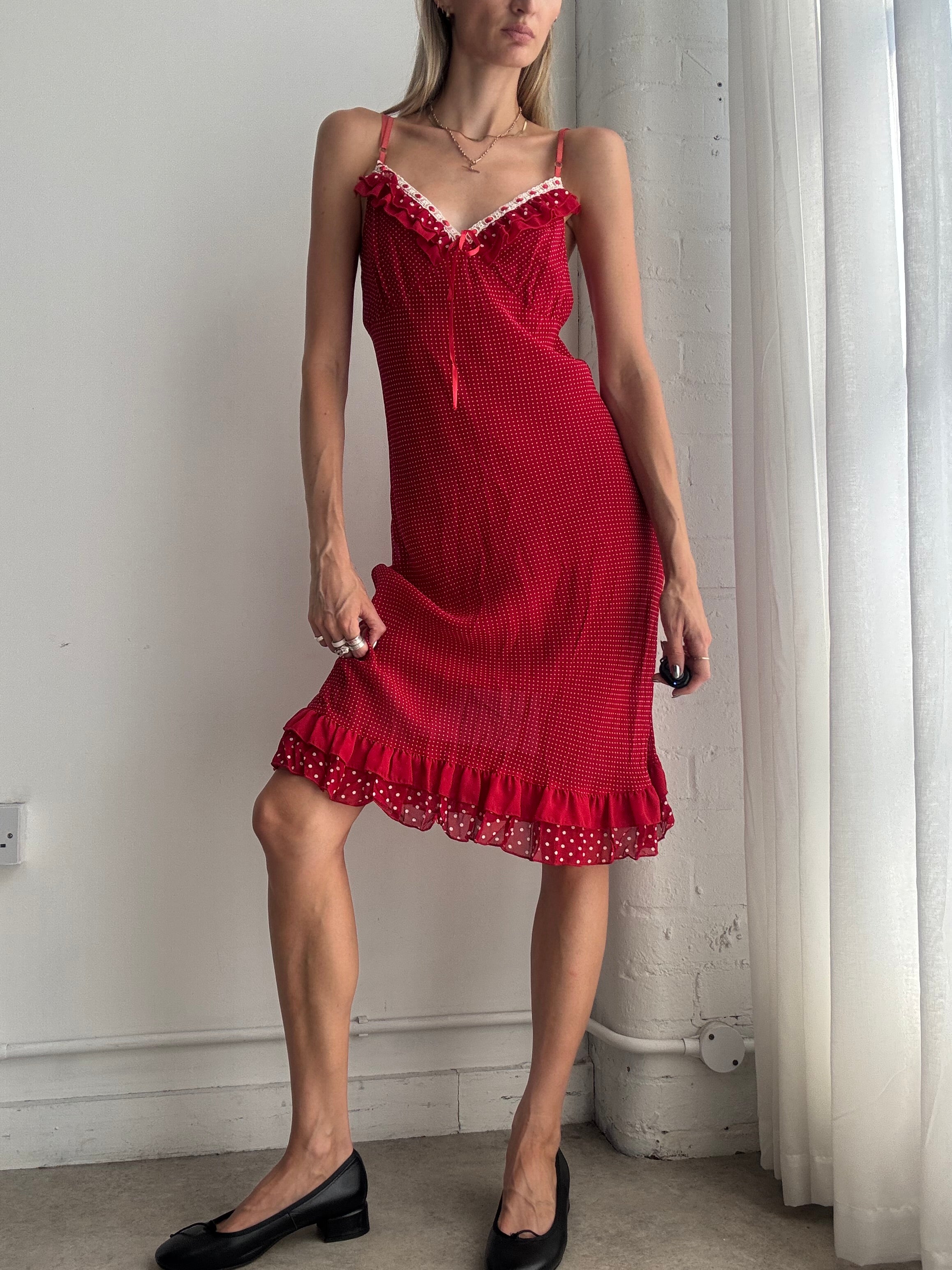 Vintage Y2K Red Polka Dot Ruffle Trim Slip Midi Dress – Size M