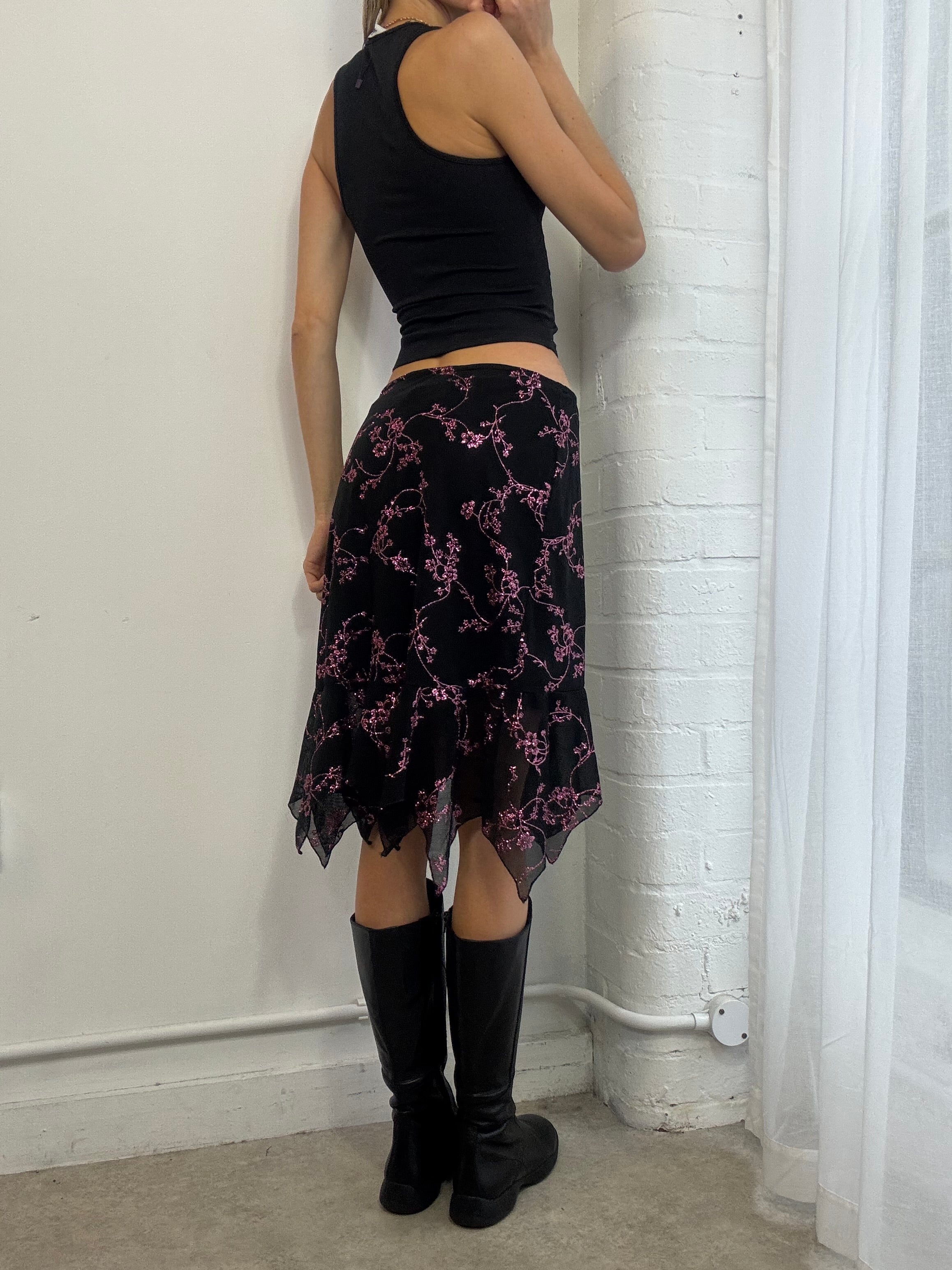 Vintage Y2K black & pink sparkly floral mesh midi skirt asymmetric