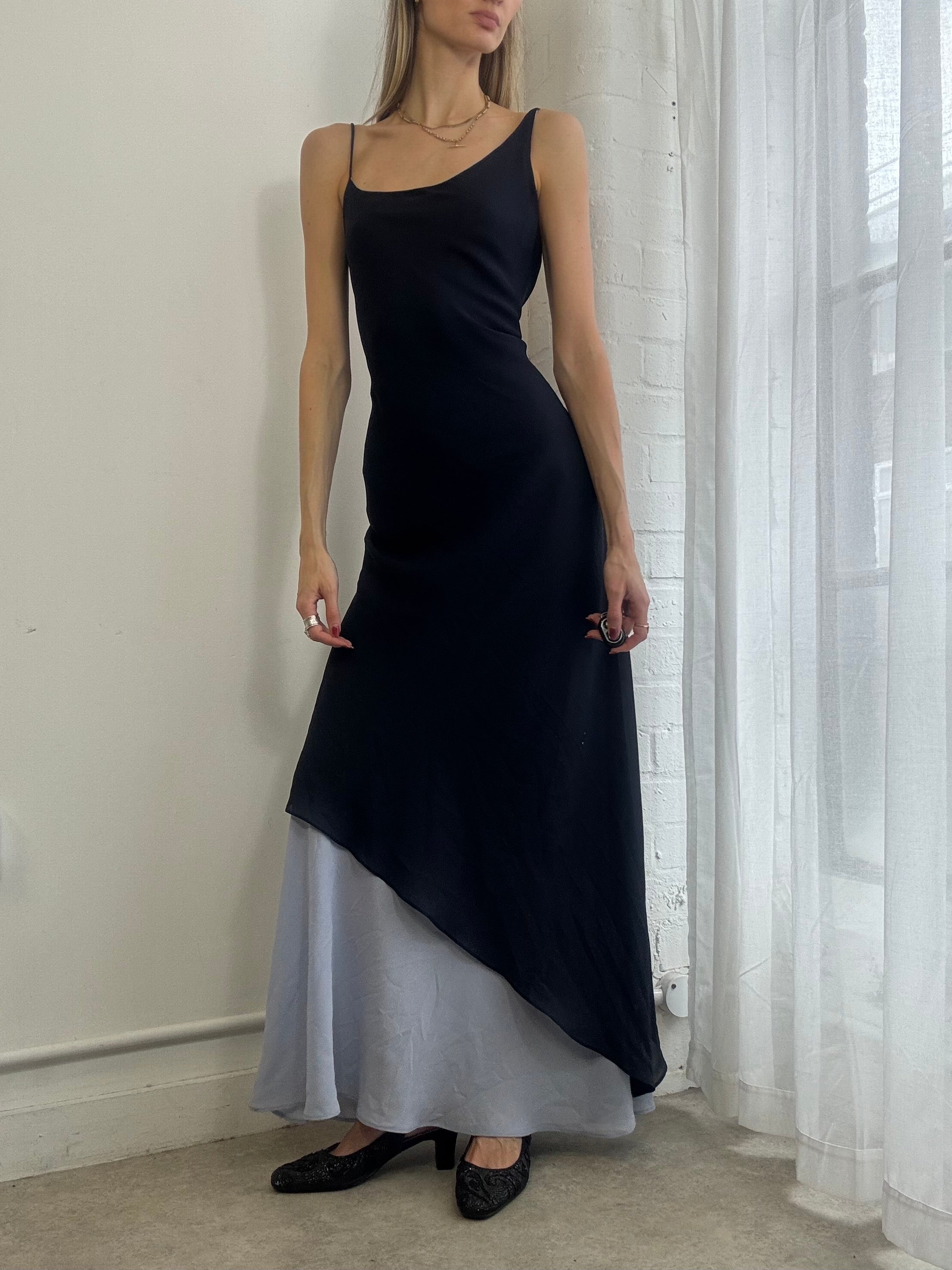 Vintage 90s Navy Blue One Shoulder Asymmetric Evening Dress