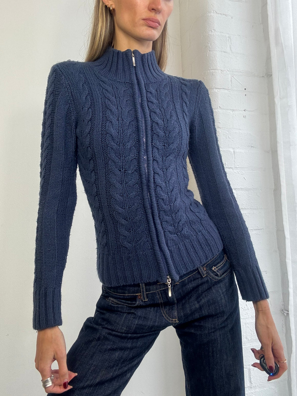 Vintage Y2K cable knit dual zip jumper navy blue