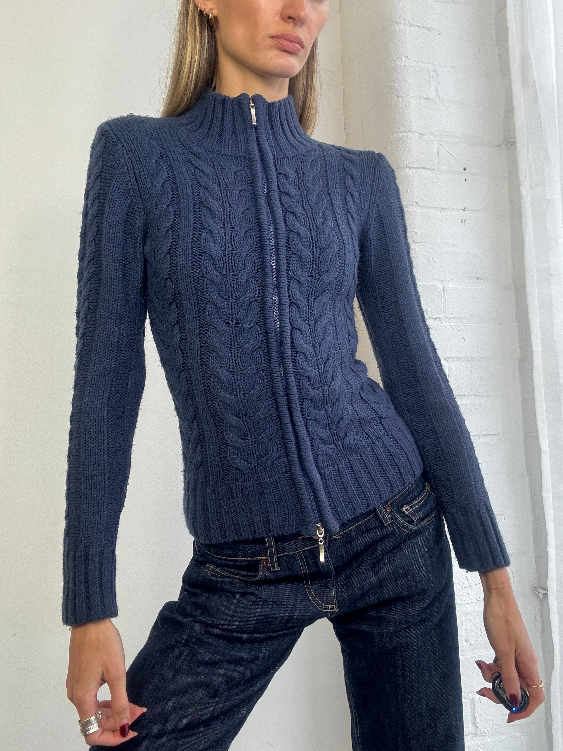 Vintage Y2K cable knit dual zip jumper navy blue
