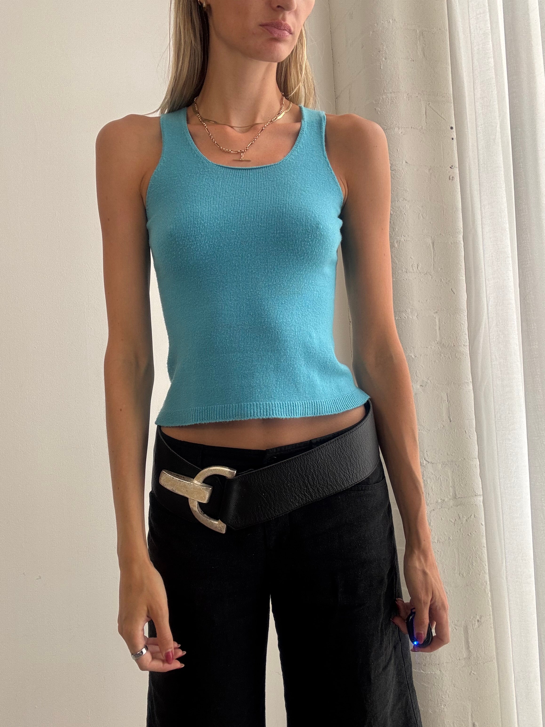 Vintage Y2K Turquoise Blue Knitted Tank Top - Size XS
