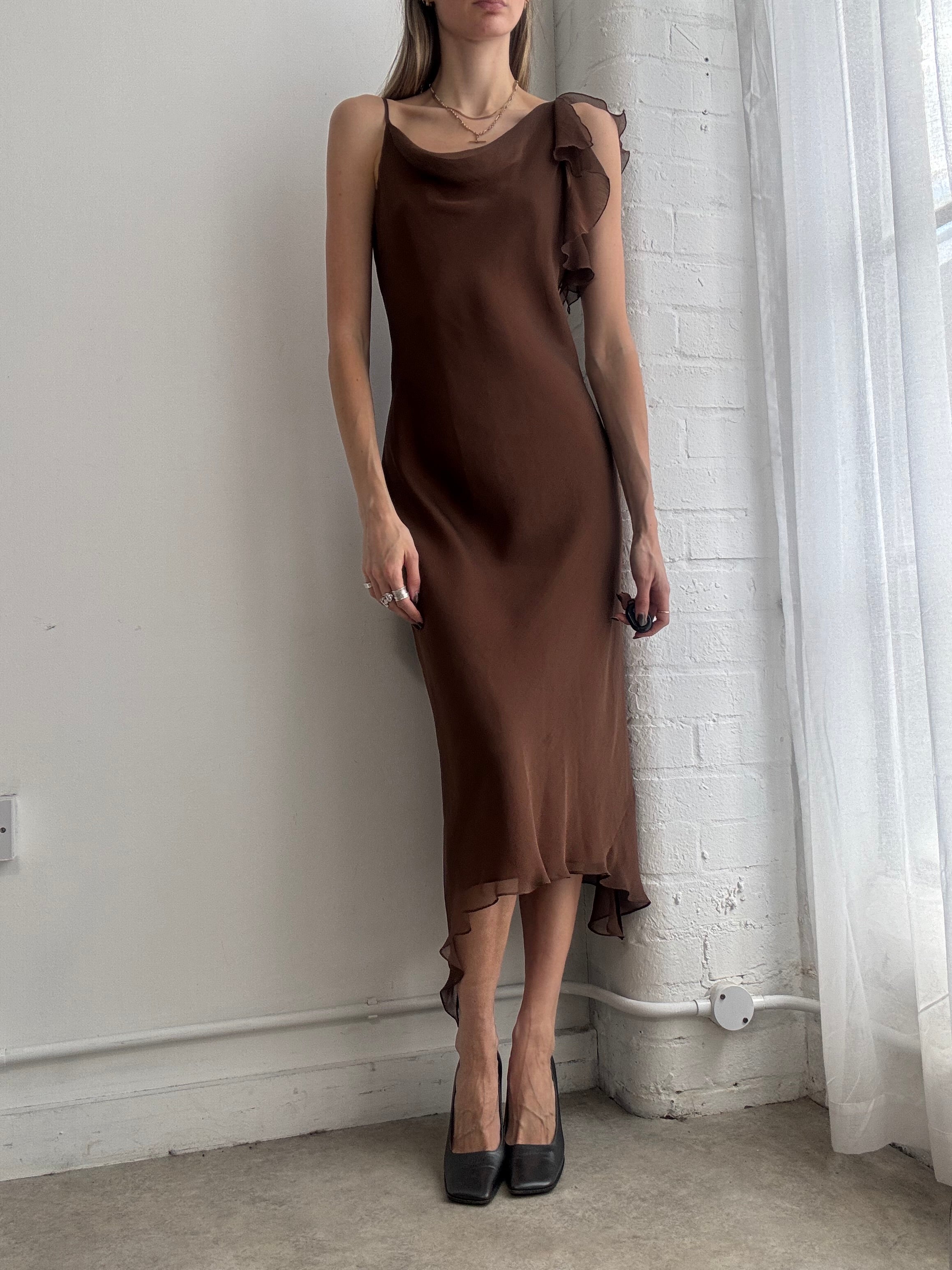 Vintage 90's chocolate brown asymmetric slip midi dress - Size M