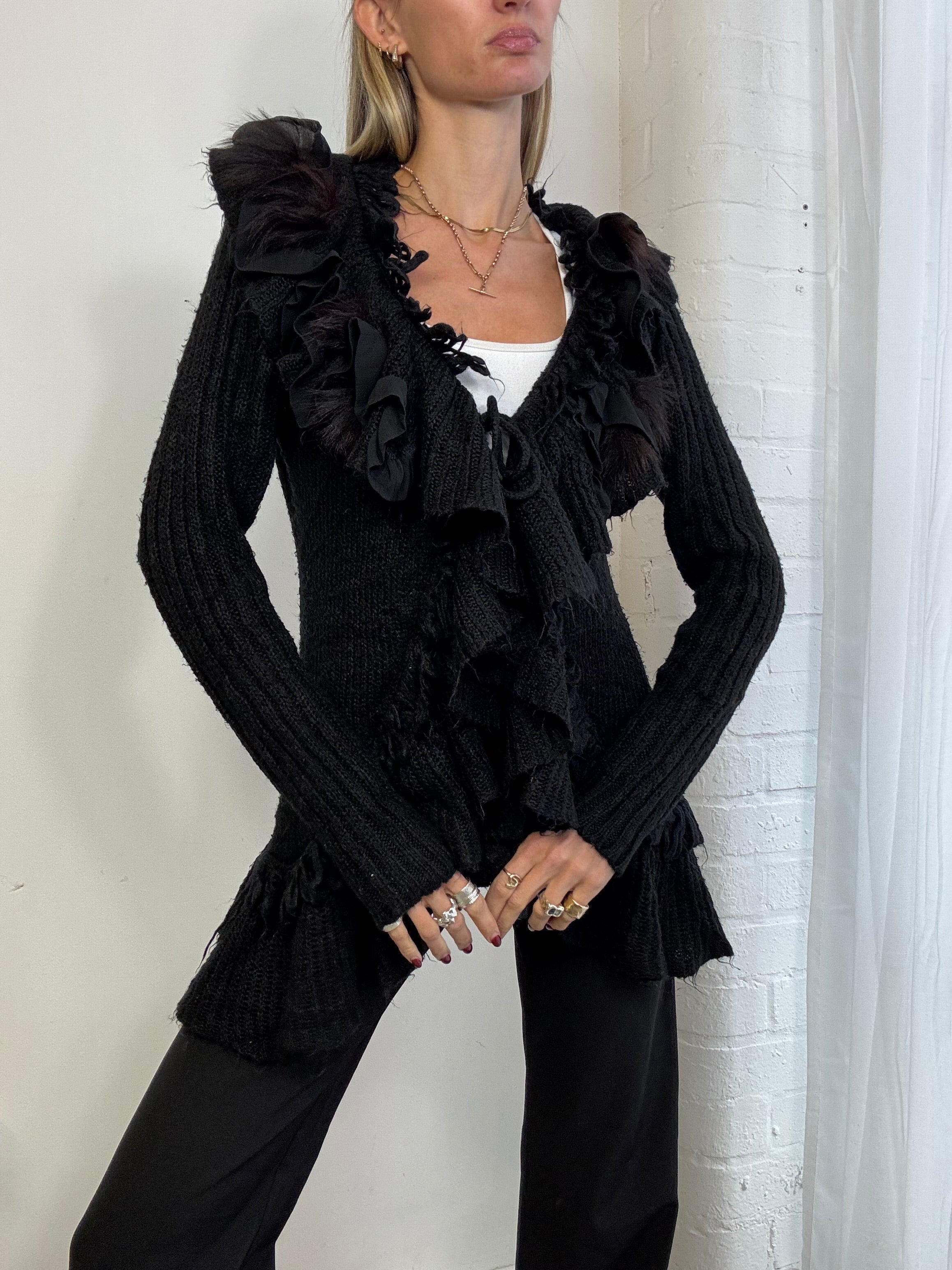 Vintage Y2K black knitted ruffle cardigan