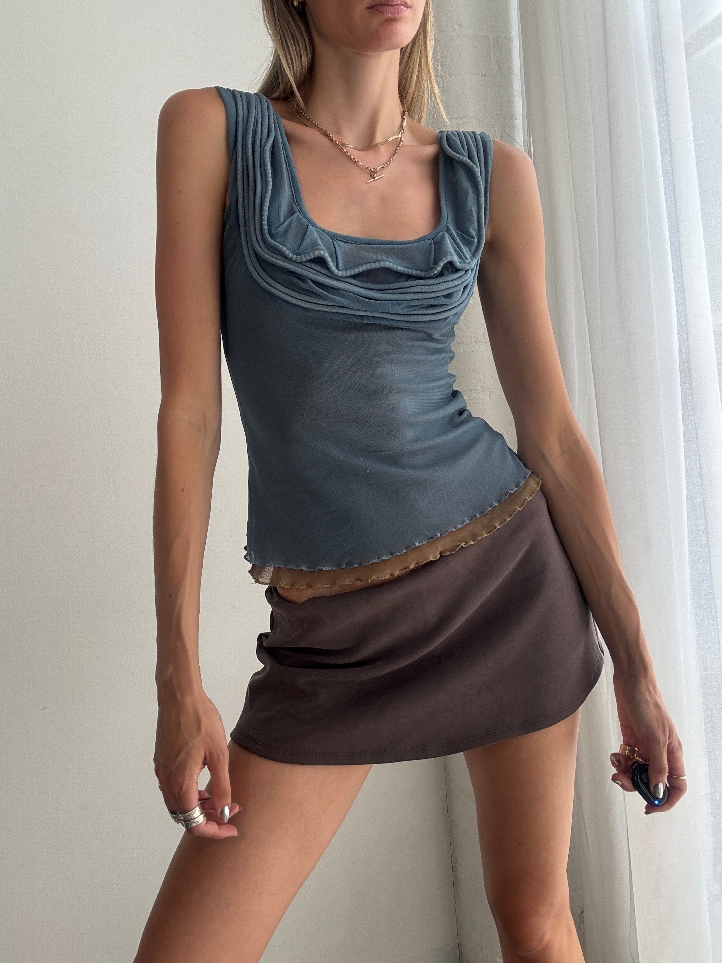 Vintage Y2K Blue Mesh Sleeveless Top – Ruffle Stretch Tank - Size S