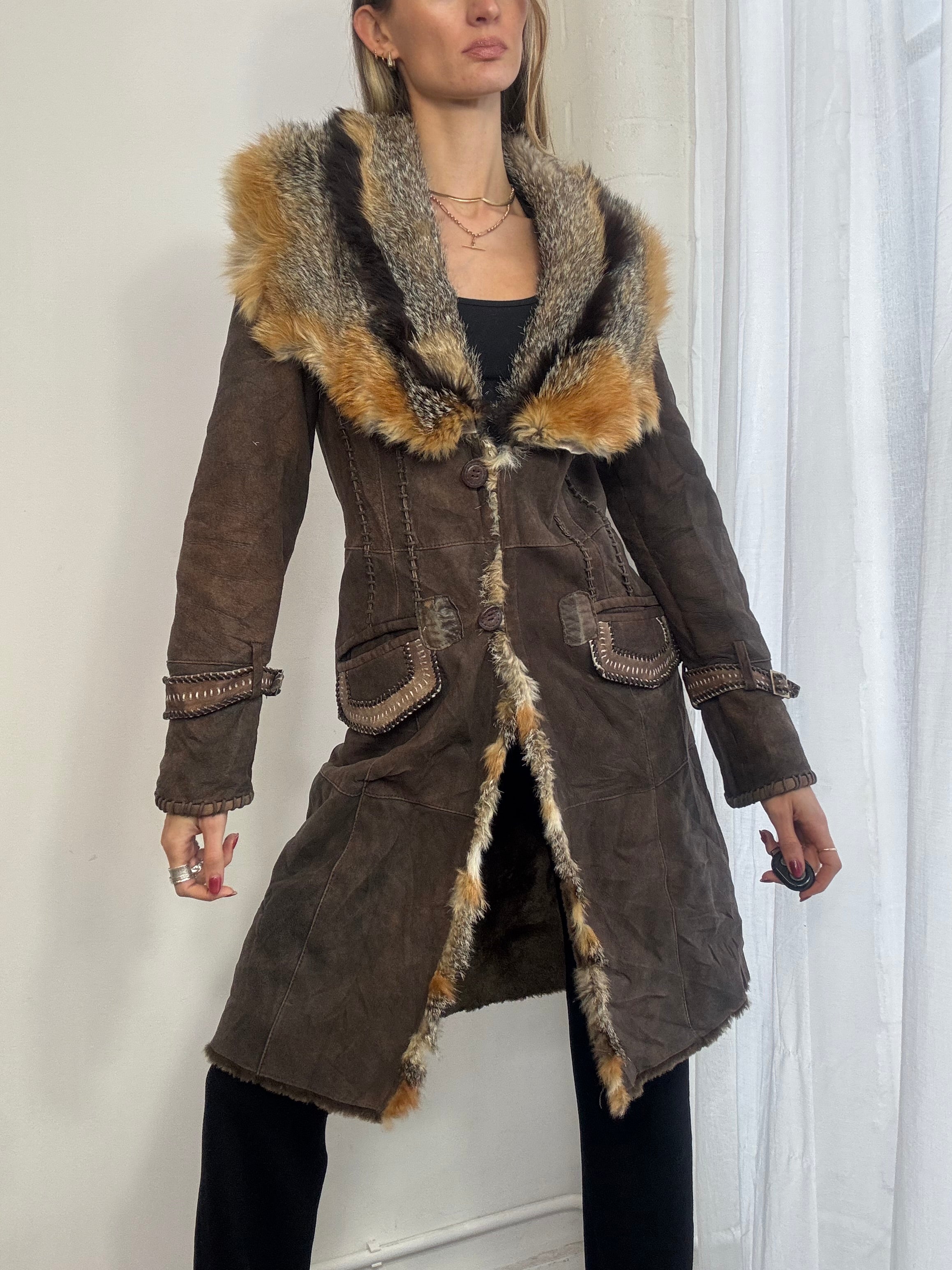 Vintage Y2K brown suede & fur trim coat