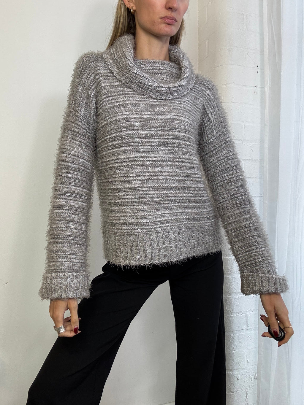 Vintage Y2K fluffy grey stripe knit jumper