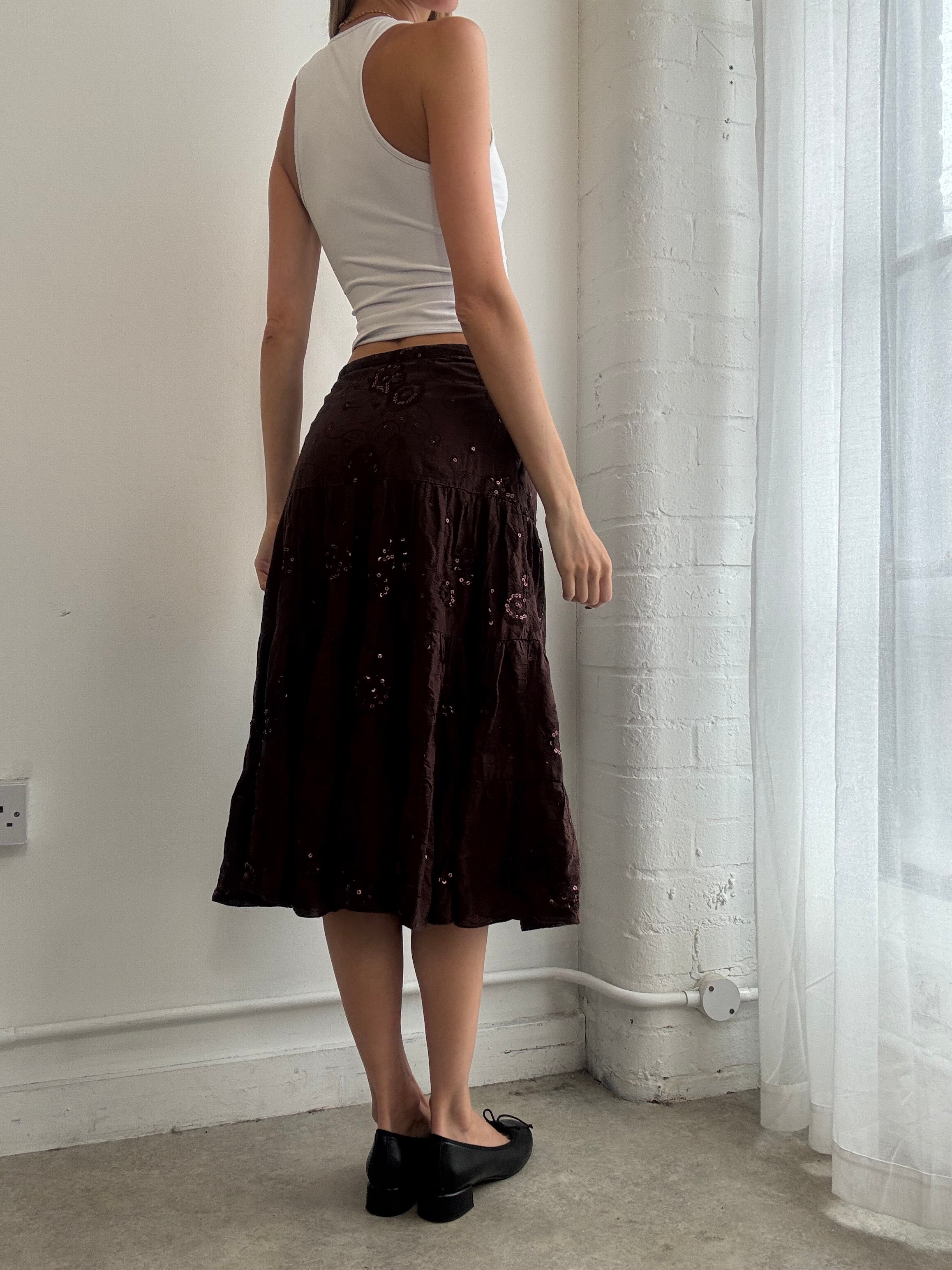 Vintage Y2K brown sequin tiered cotton midi skirt - Size XS/S