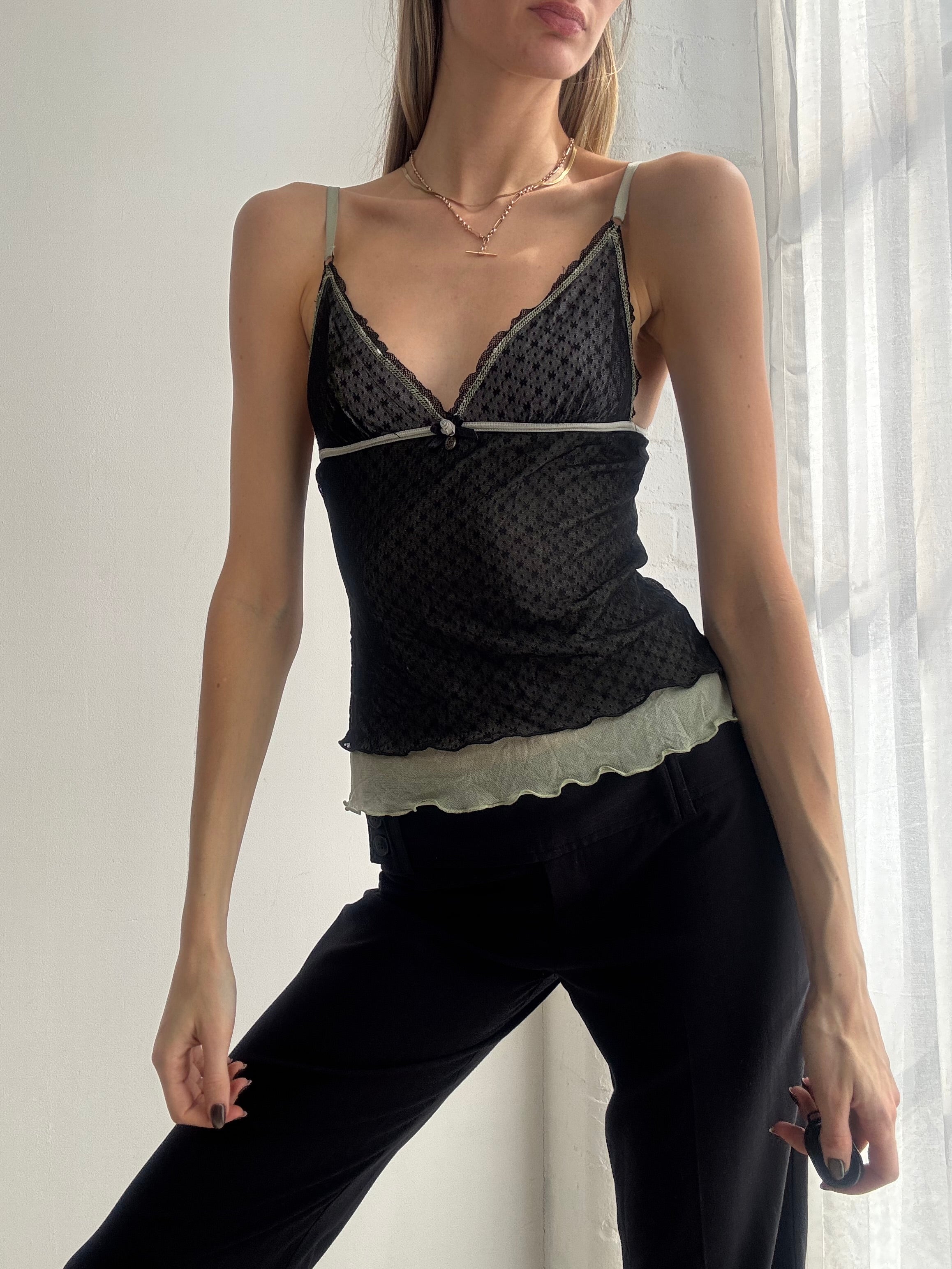 Vintage Y2K black mesh cami with contrast lace trim