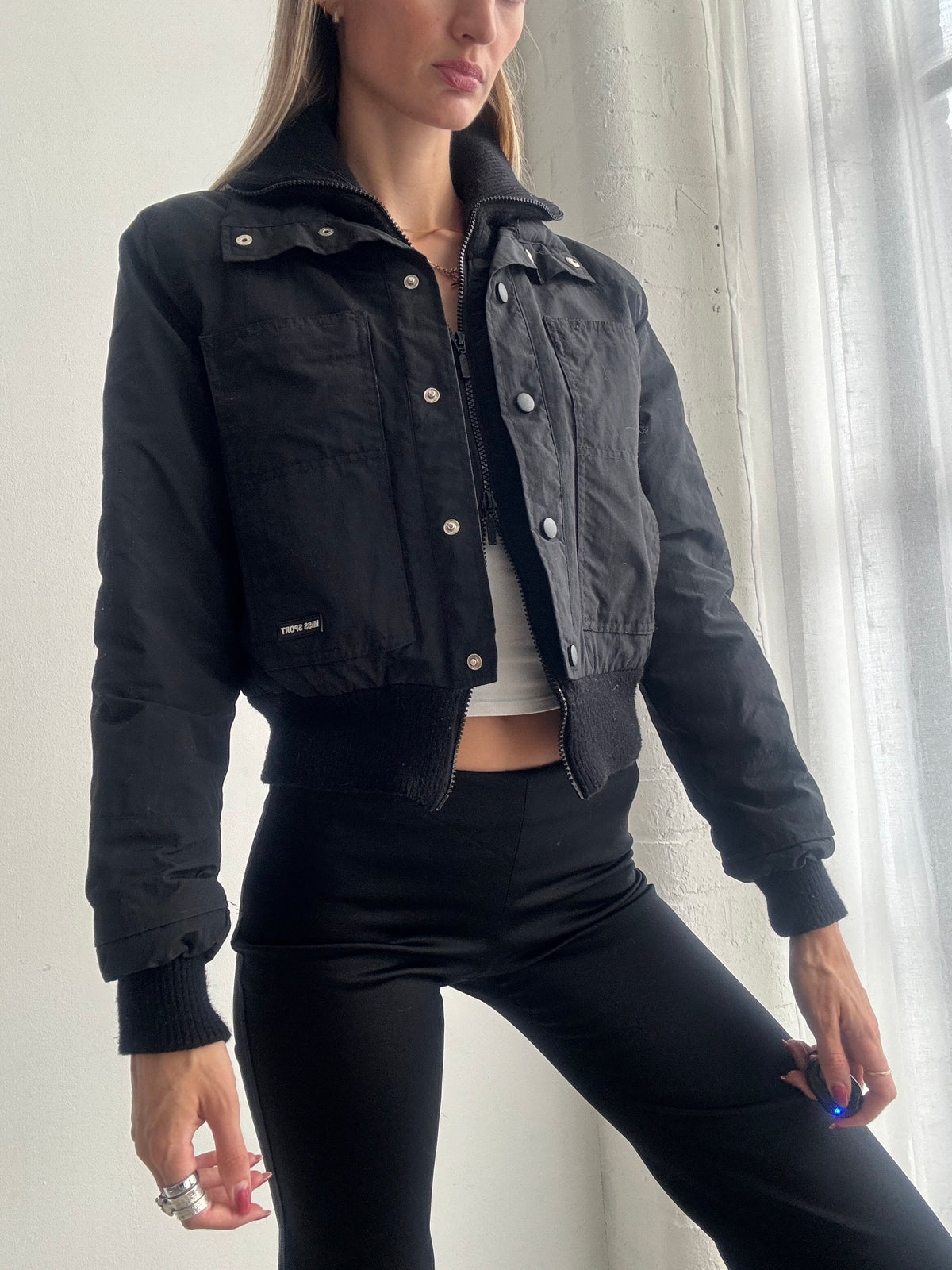 Vintage Y2K Black Cropped Utility Bomber Jacket - Size XS-S