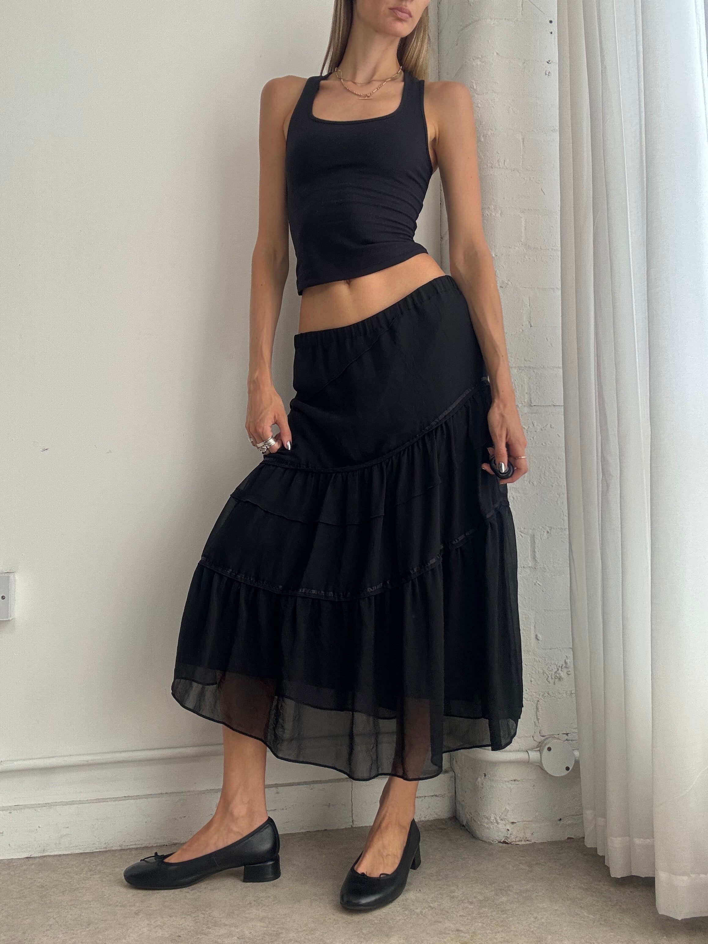 Vintage Y2K Black Sheer Tiered Maxi Skirt – Boho Chiffon Floaty Skirt - Size M