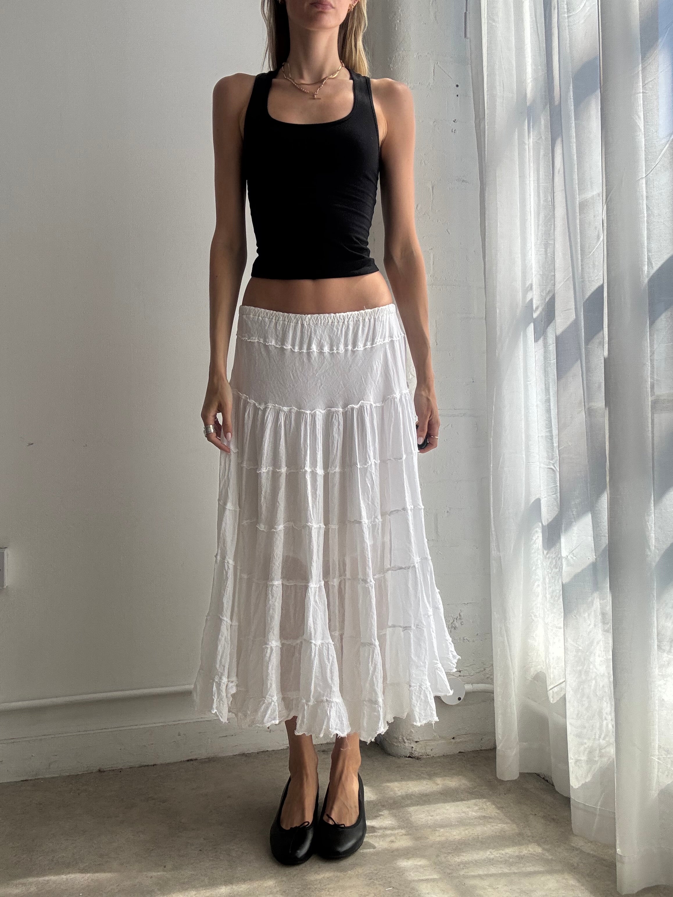 Vintage Y2k White Tiered Boho Midi Skirt Fairy Boho Sequin - Size S/M
