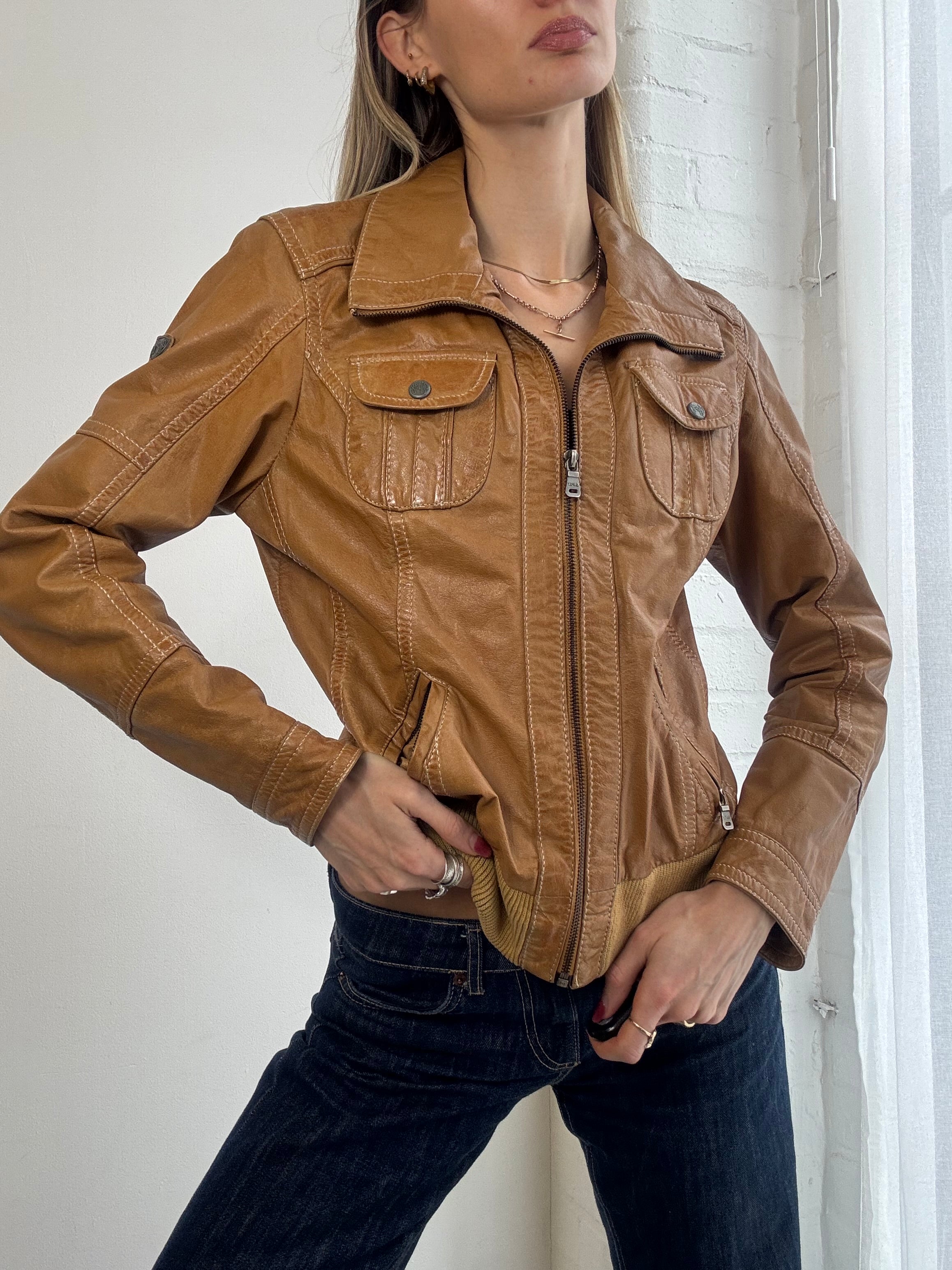 Vintage Y2K tan leather bomber jacket