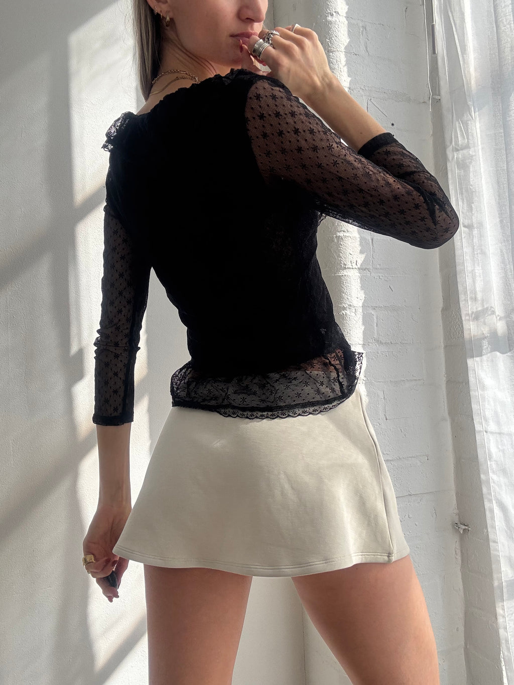 Vintage Y2K black sheer lace tie front blouse