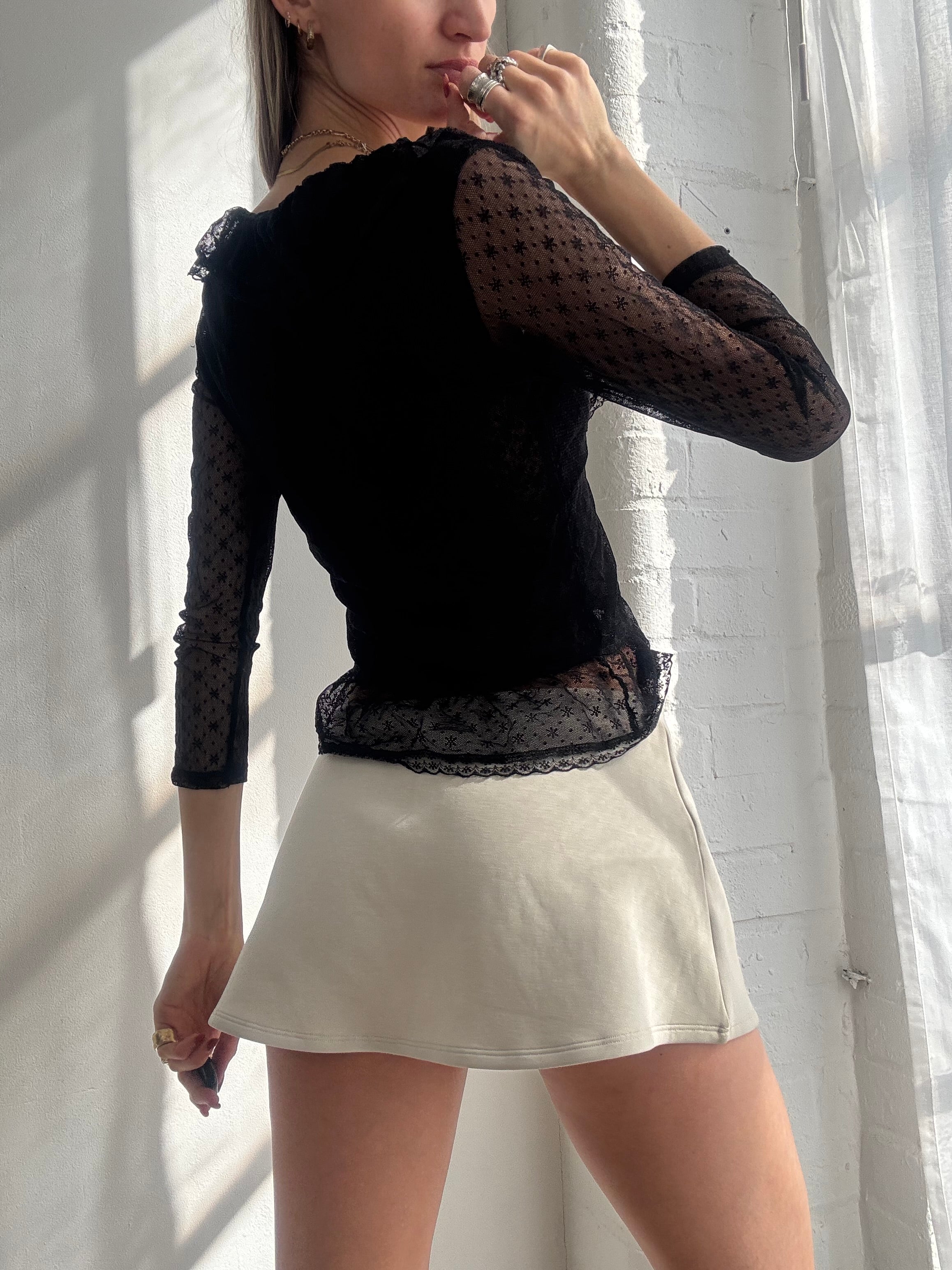 Vintage Y2K black sheer lace tie front blouse