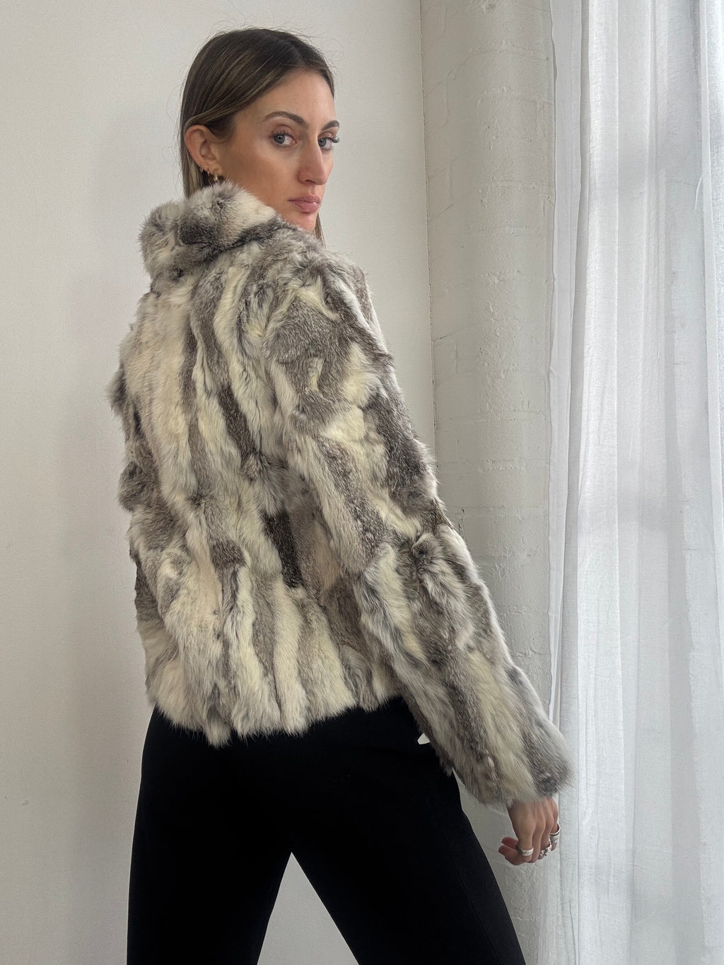 Vintage Y2K grey & white rabbit fur jacket