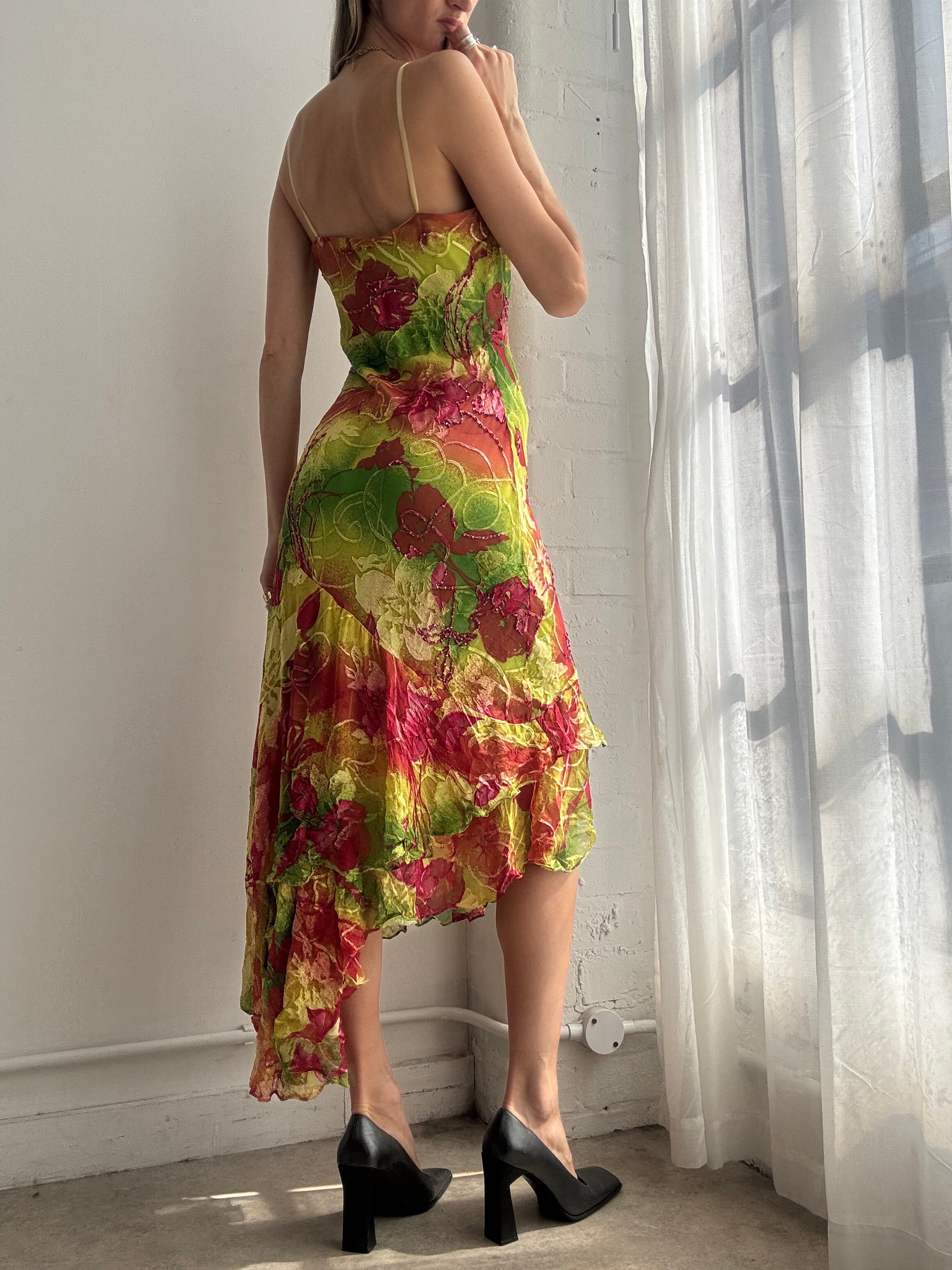 Vintage Y2K tropical floral asymmetrical midi dress - Size S/M