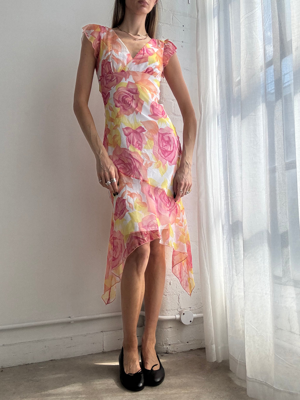 Vintage Y2K pastel floral asymmetrical mesh midi dress - size XS