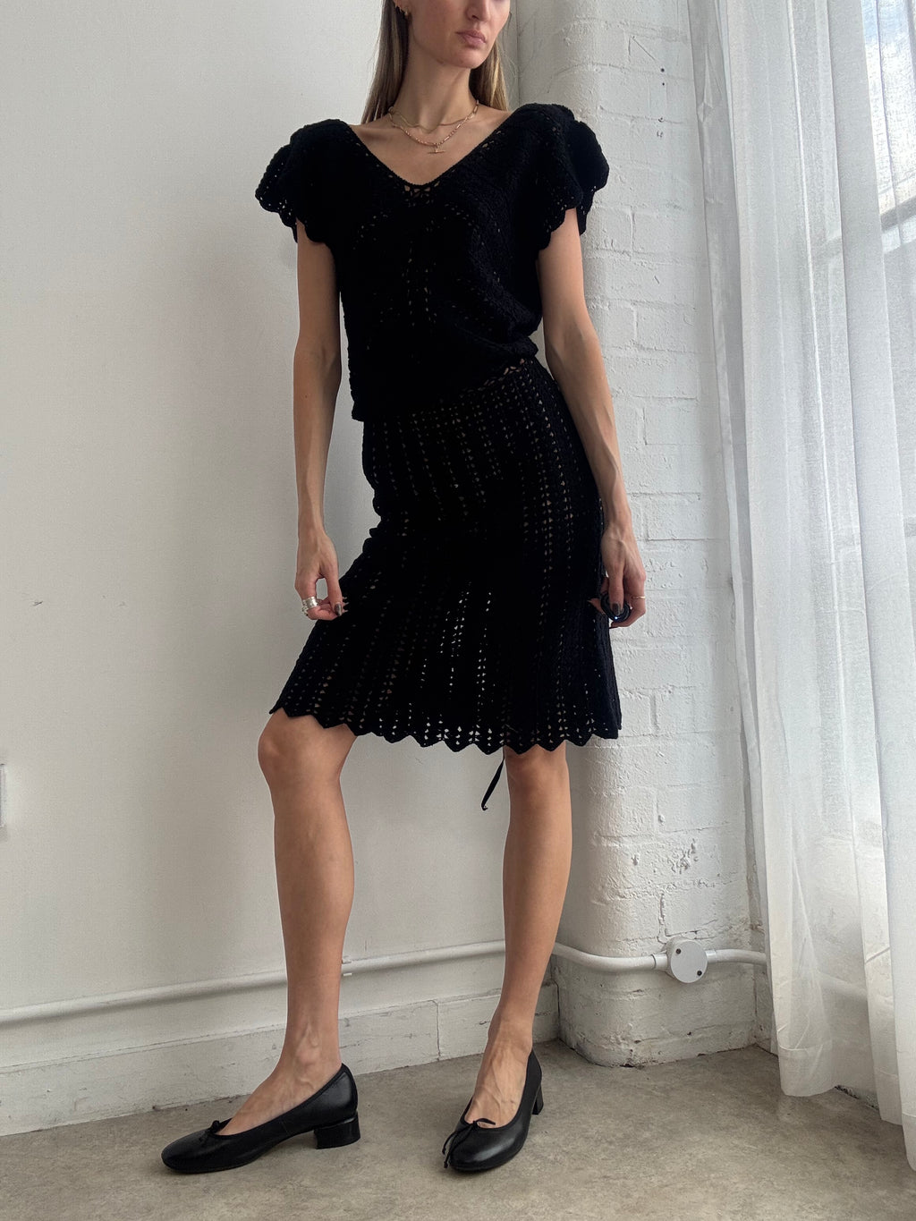 Vintage black crochet knit midi dress - Size S/M