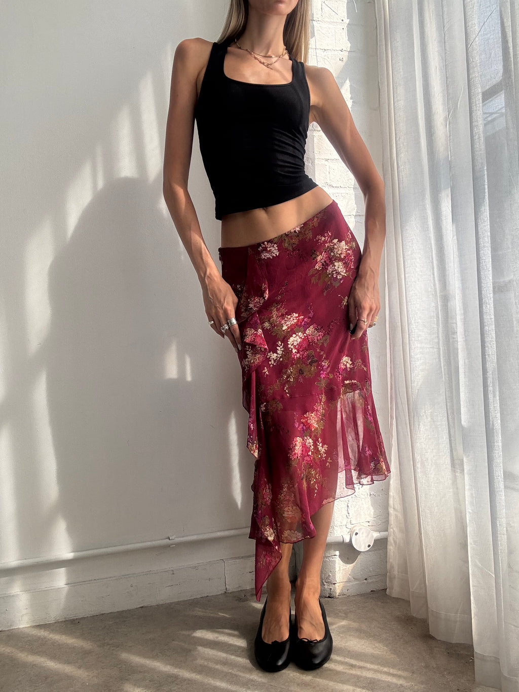Vintage Y2K Burgundy 100% Silk Floral Asymmetric Midi Skirt - Size S