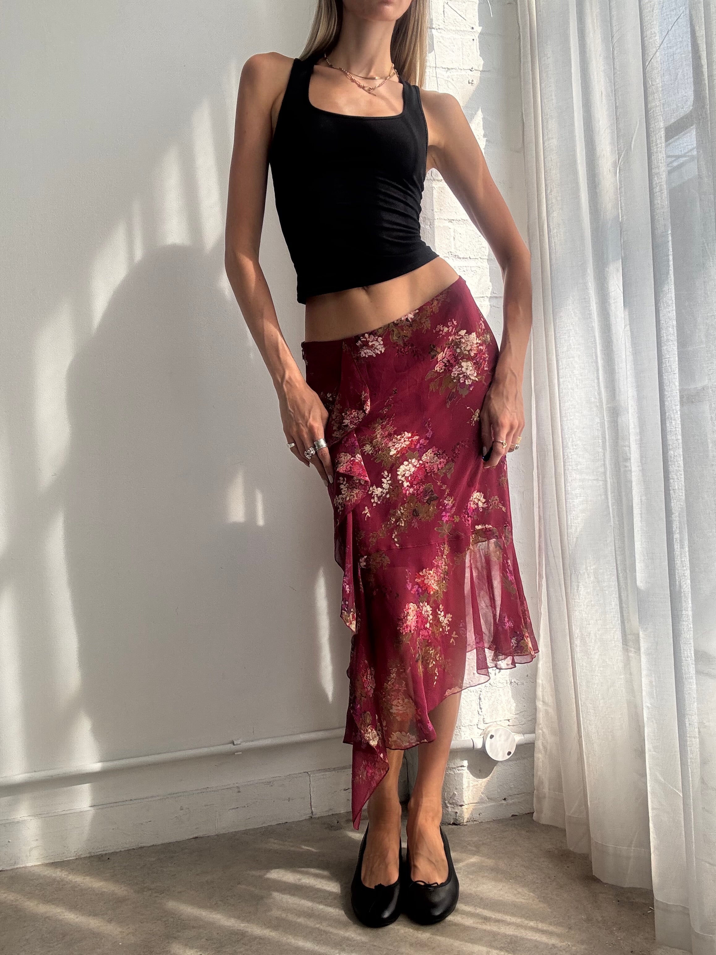 Vintage Y2K Burgundy 100% Silk Floral Asymmetric Midi Skirt - Size S