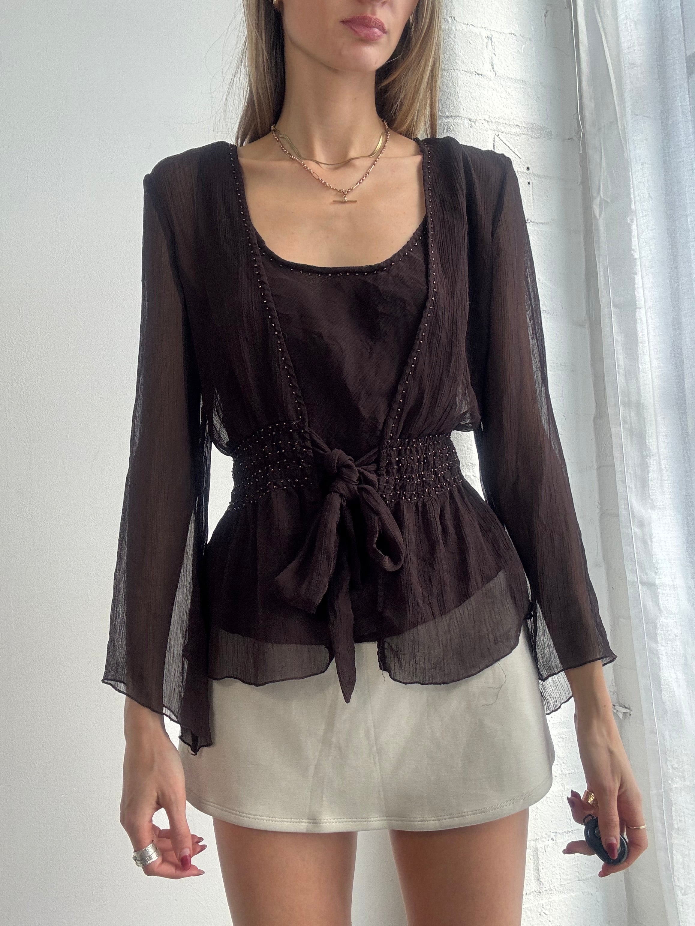 Vintage Y2K sheer chocolate brown tie waist blouse
