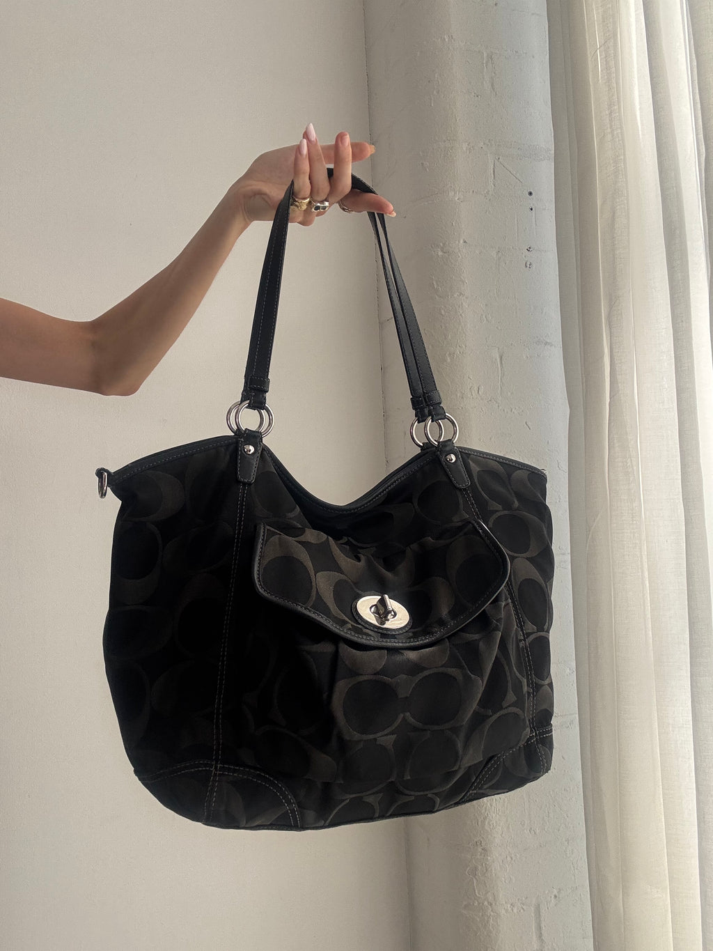 Vintage Y2K Coach Signature Hobo Bag – Black Monogram Canvas Shoulder Bag