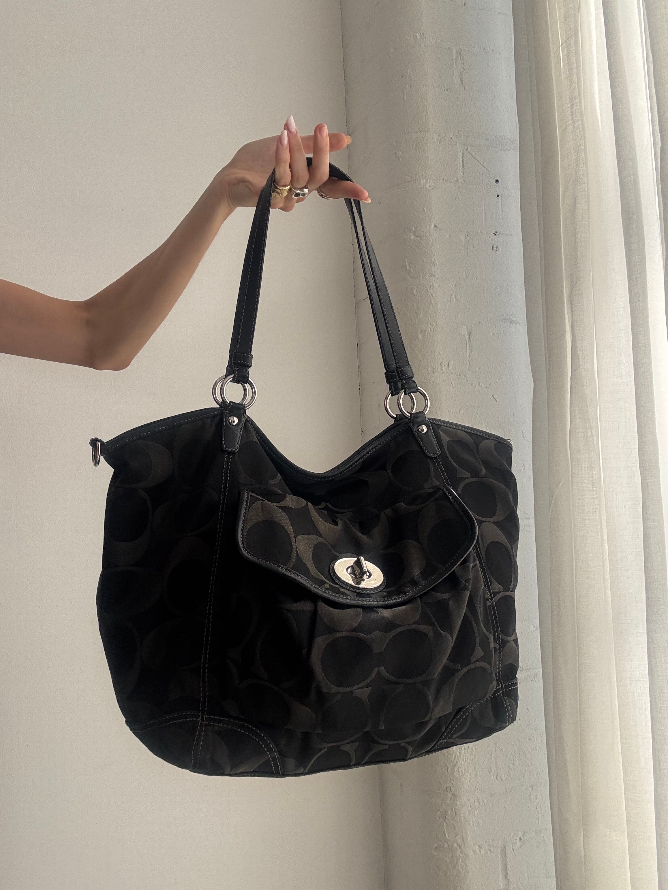 Vintage Y2K Coach Signature Hobo Bag – Black Monogram Canvas Shoulder Bag