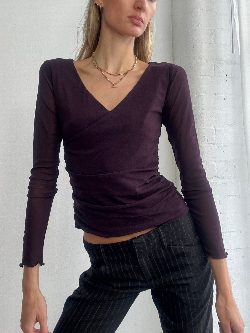 Vintage Y2K plum v neck mesh wrap top