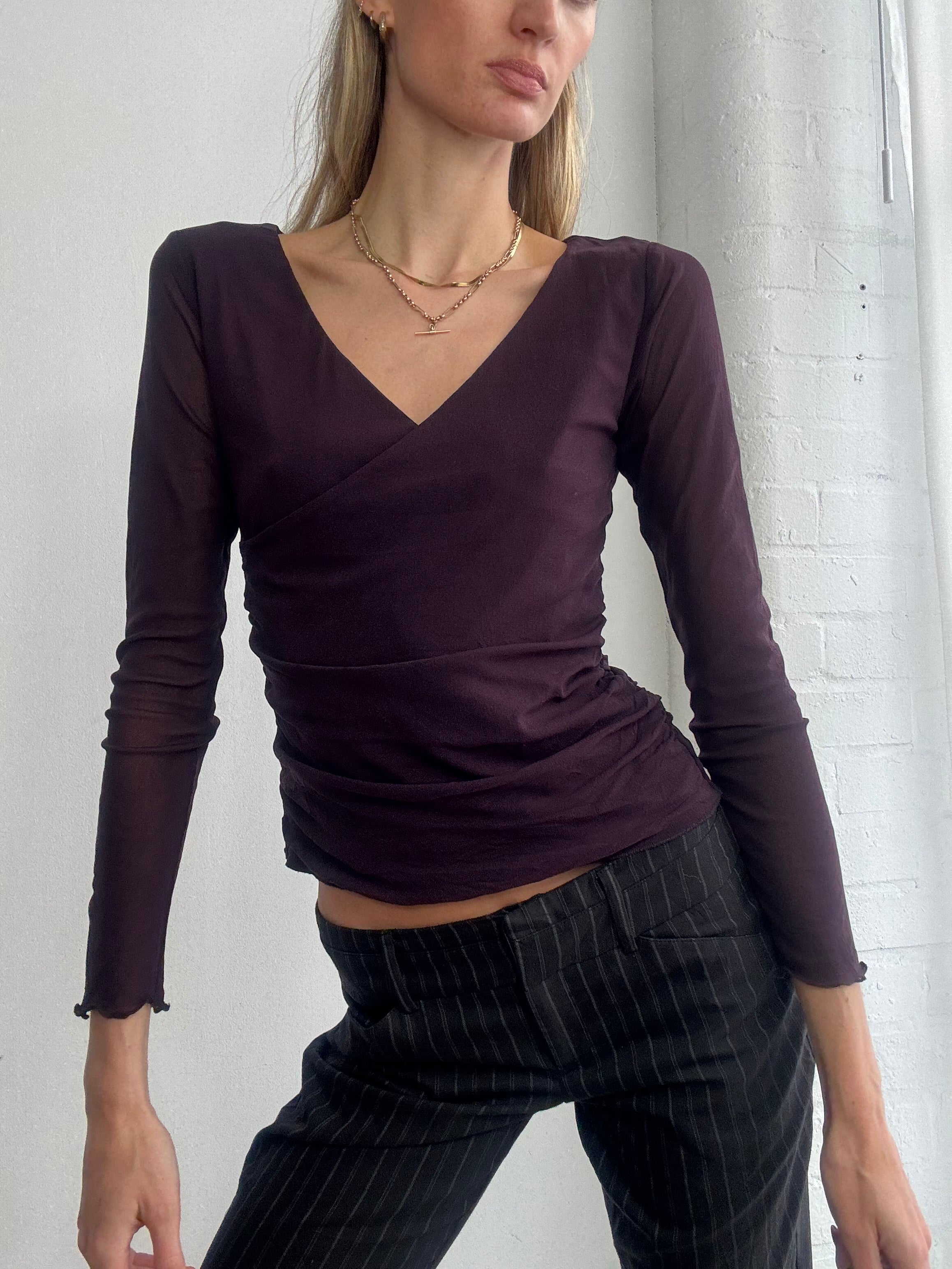 Vintage Y2K plum v neck mesh wrap top