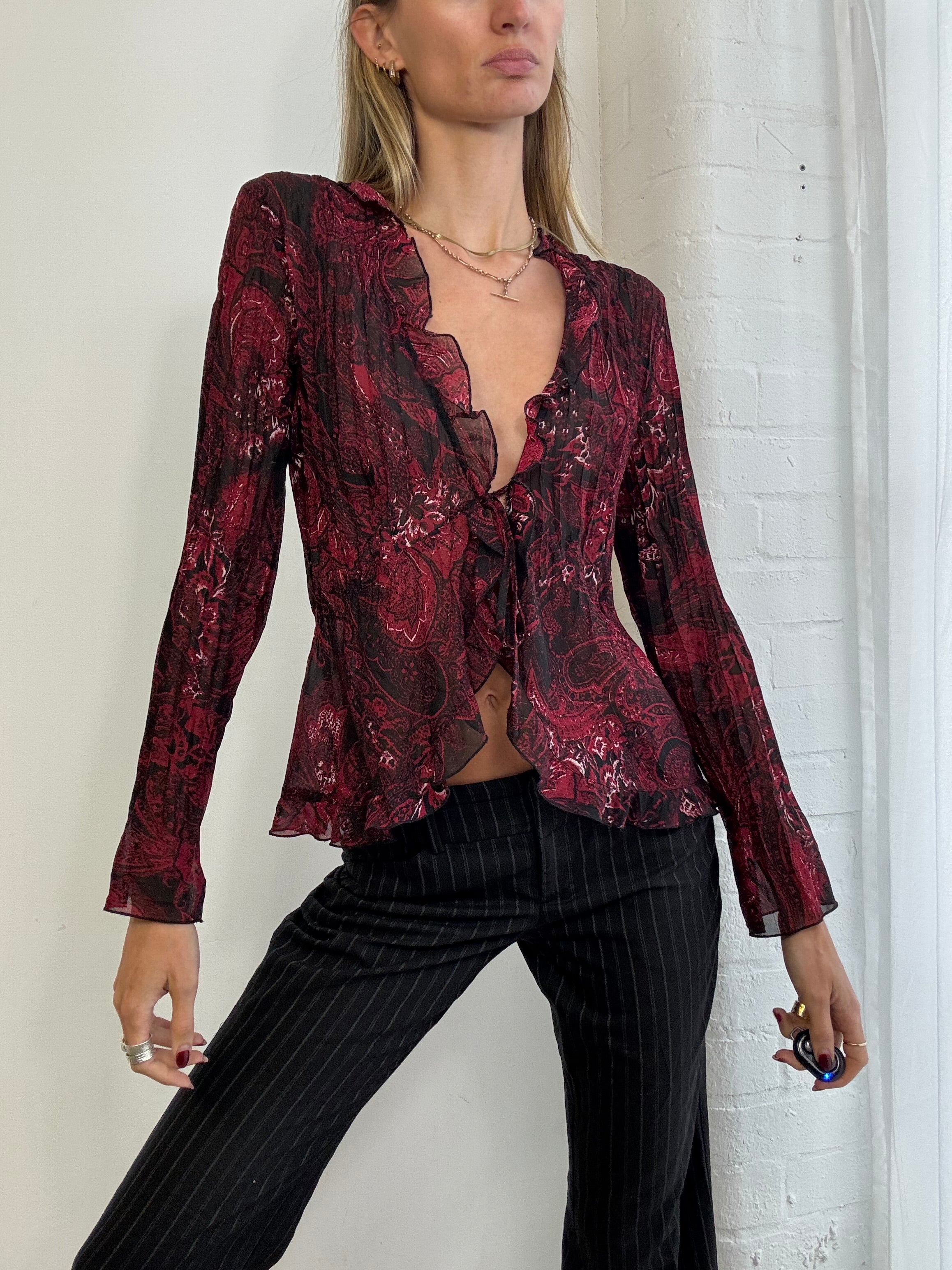 Vintage Y2K tie front ruffle mesh top