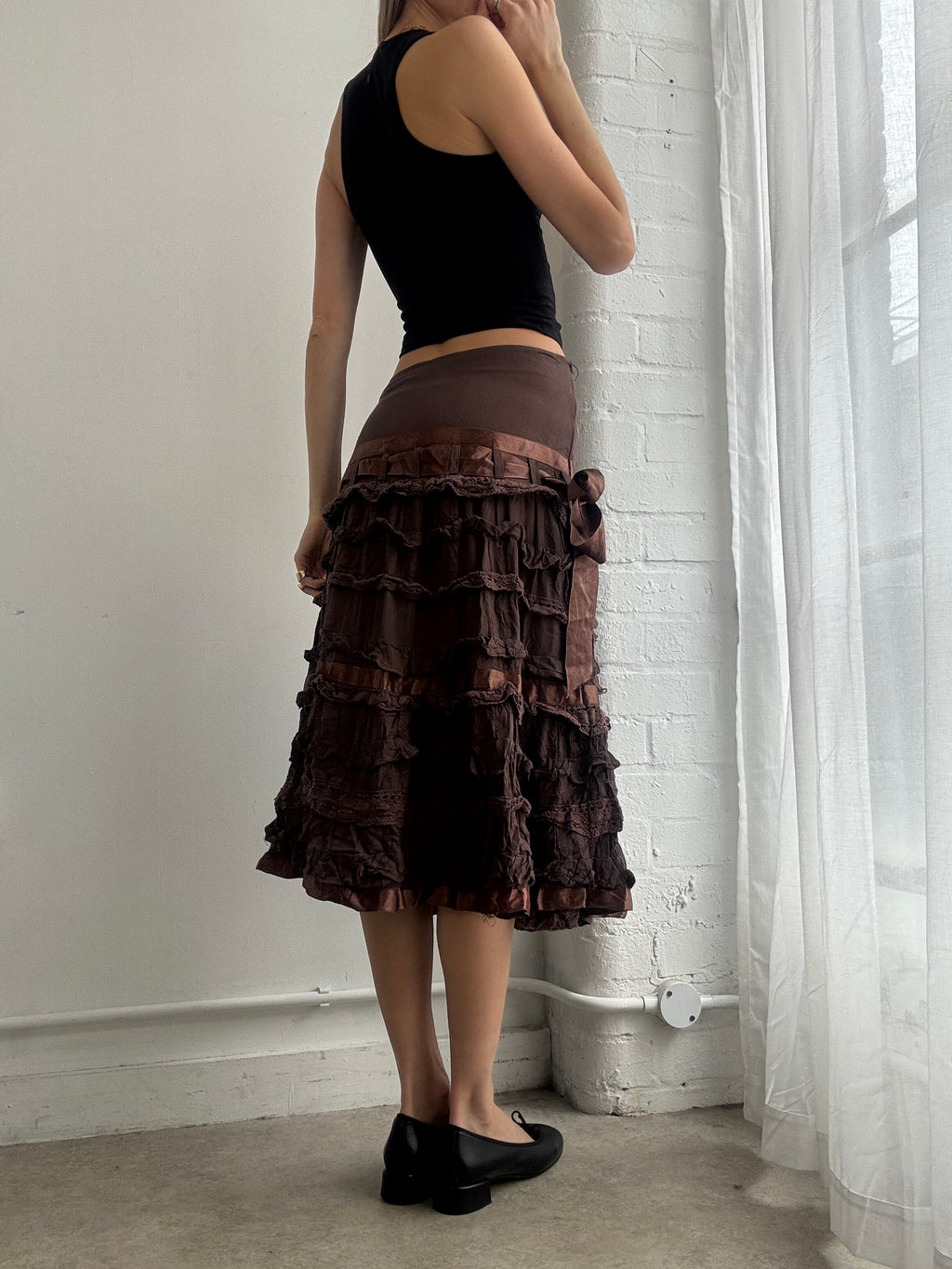 Vintage Y2K brown ruffle midi skirt