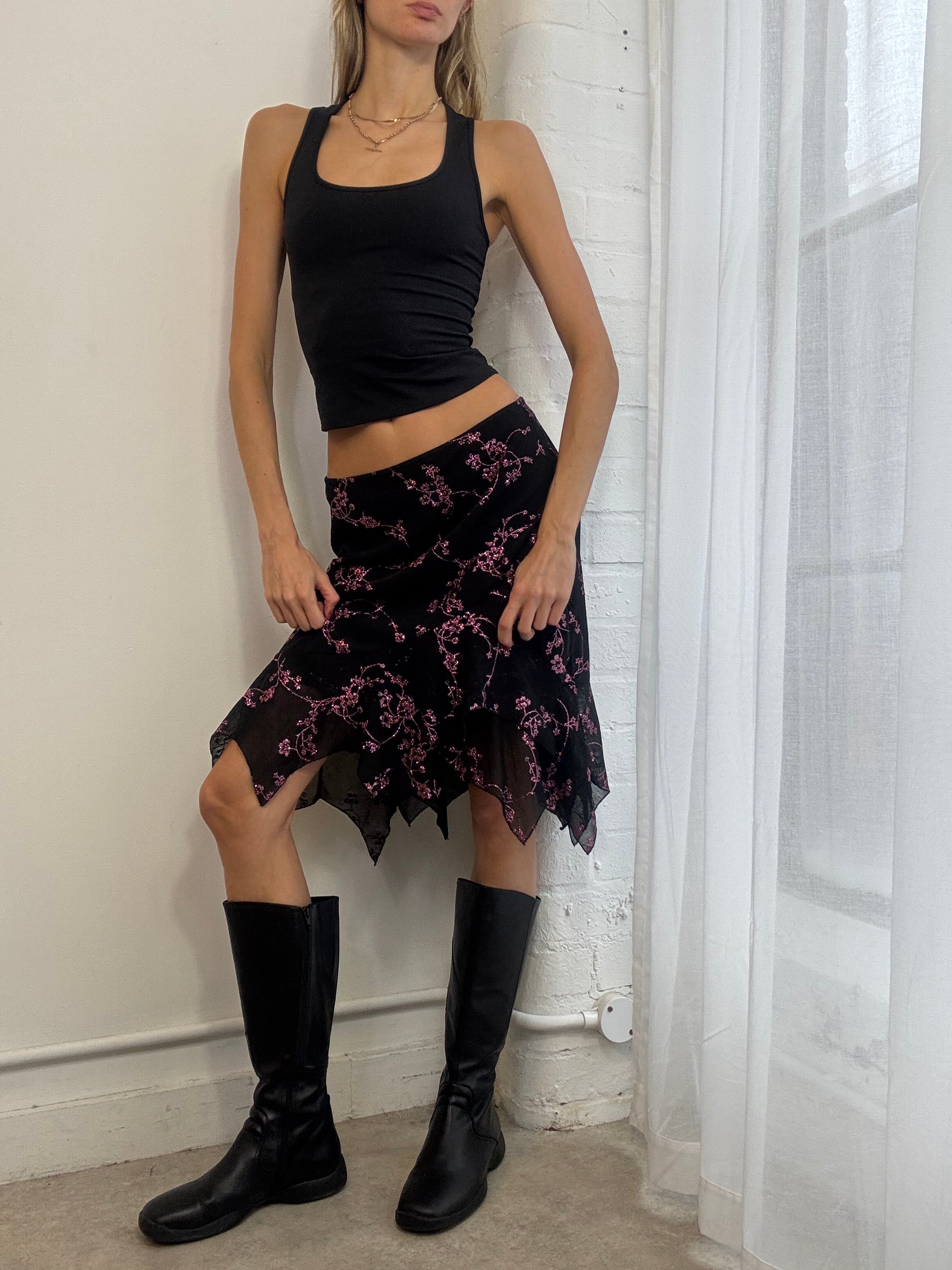 Vintage Y2K black & pink sparkly floral mesh midi skirt asymmetric