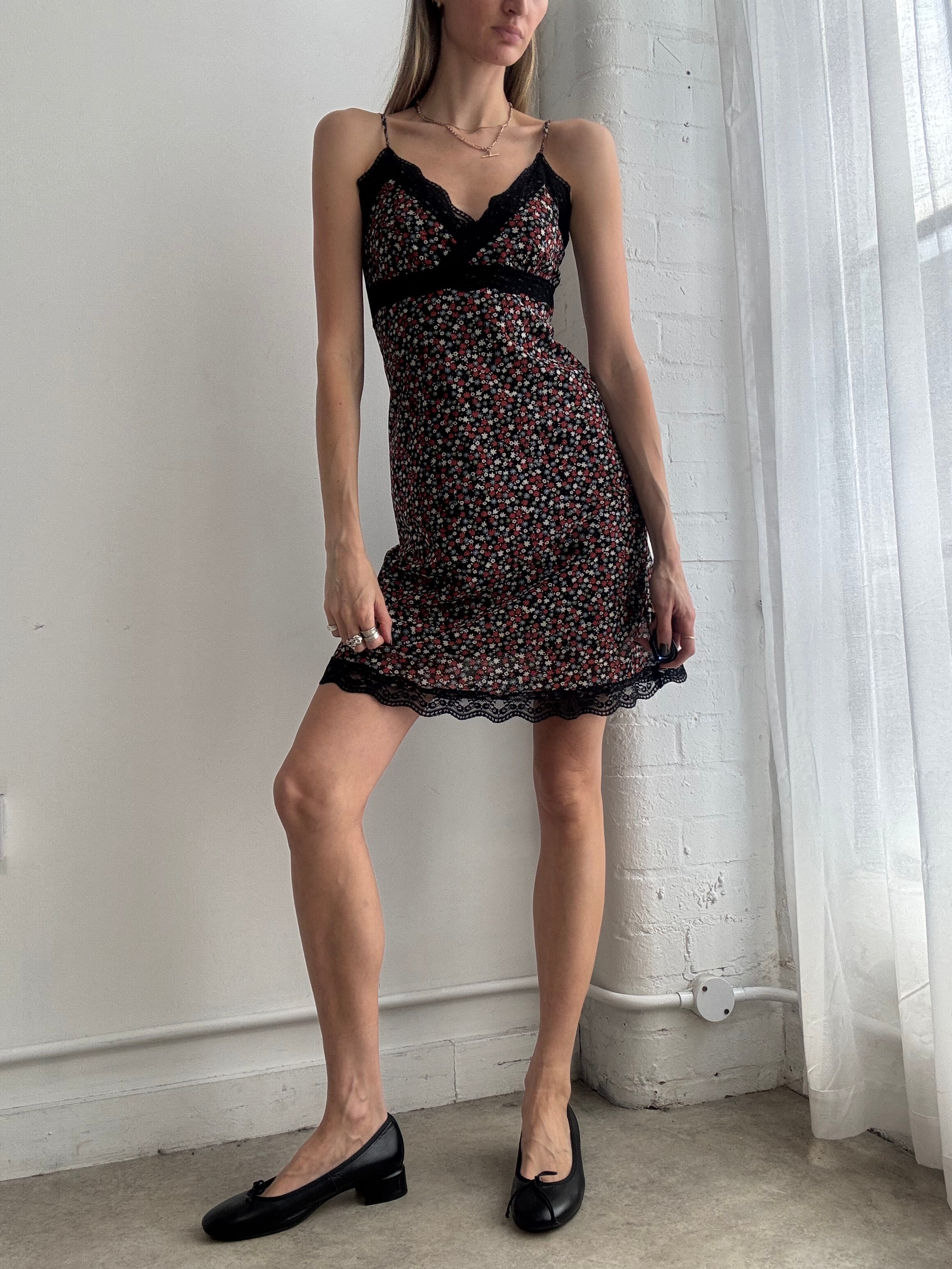 Vintage y2k black floral mesh slip mini dress - Size XS/S