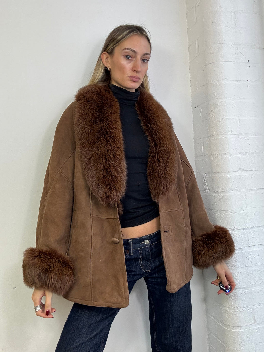 Vintage 90s sheepskin coat with fox fur trim