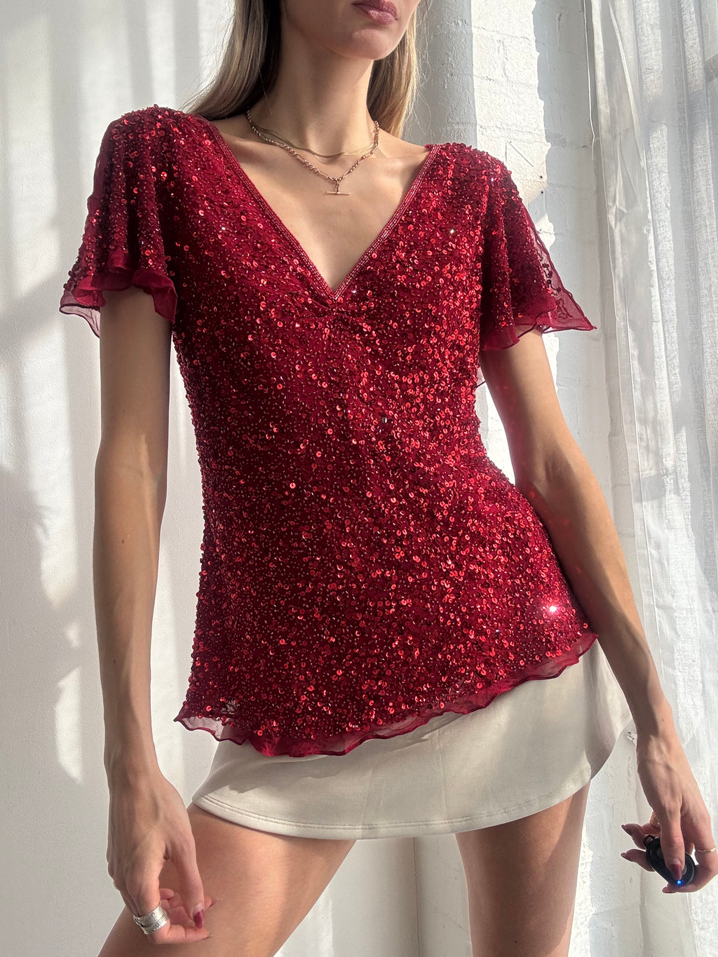 Vintage Y2K red sequin silk flutter sleeve top