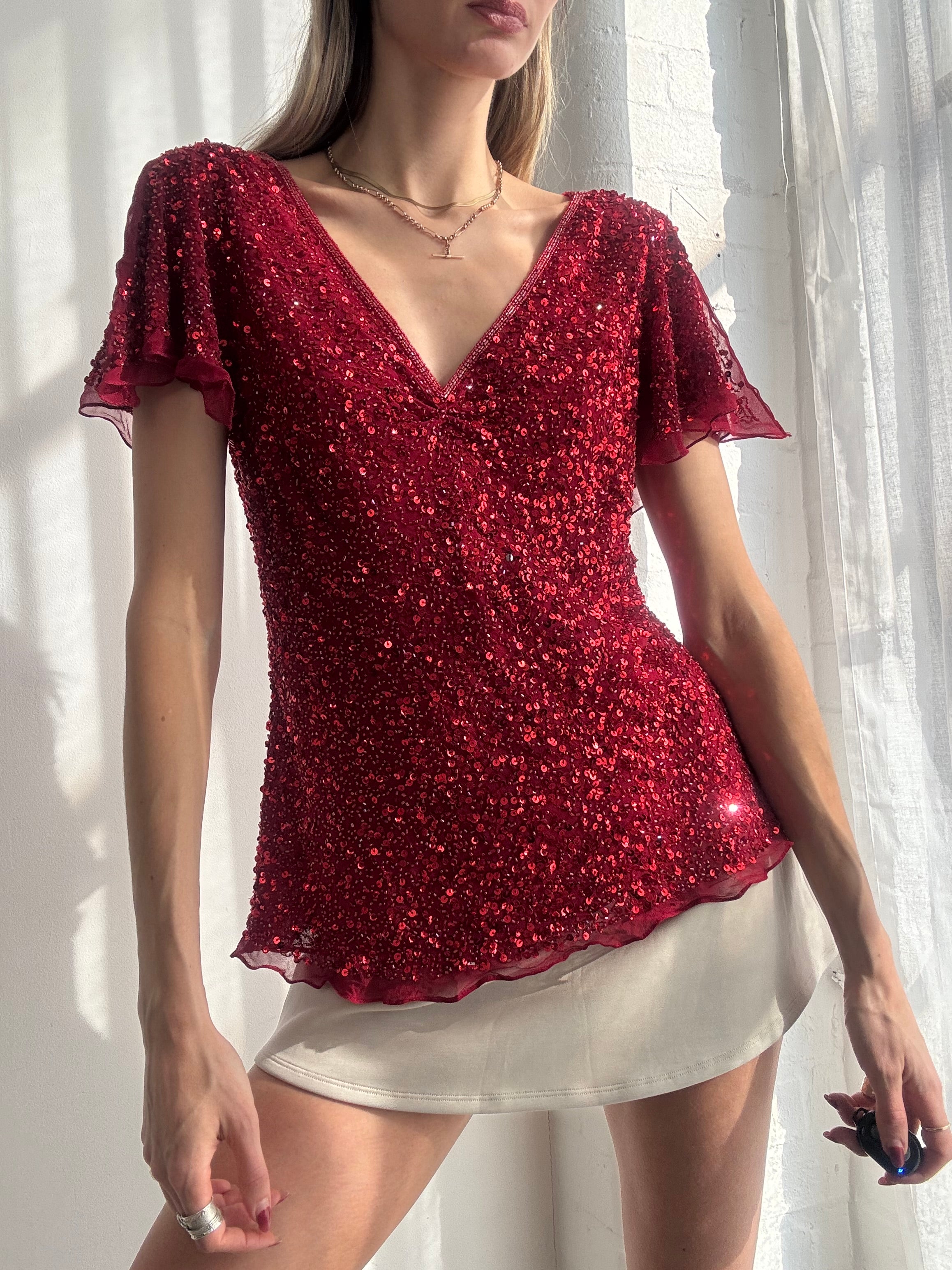 Vintage Y2K red sequin silk flutter sleeve top