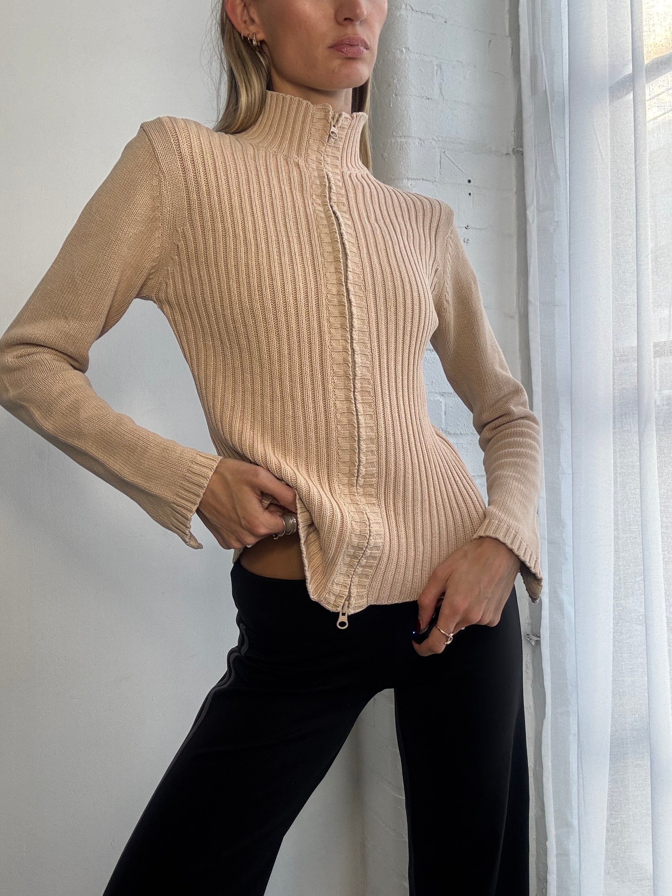 Vintage Y2K ribbed knitted dual zip jumper beige